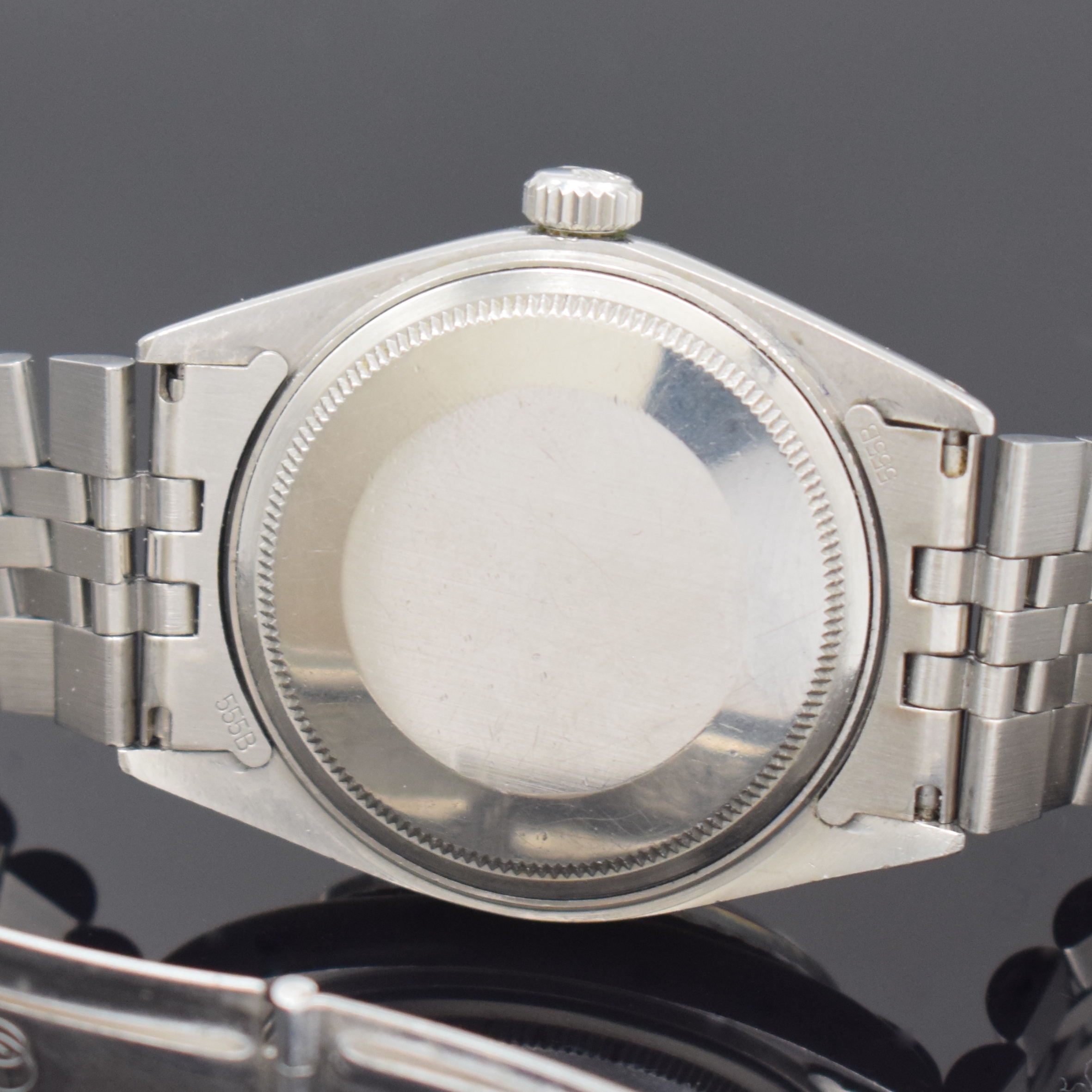 Detail e: ROLEX Datejust Referenz 1603 Herrenarmbanduhr in Stahl/Jubilee-Stahlband, Schweiz um 1967, Automatik, Oystergeh. m. geriffelter Index- Lünette, ...