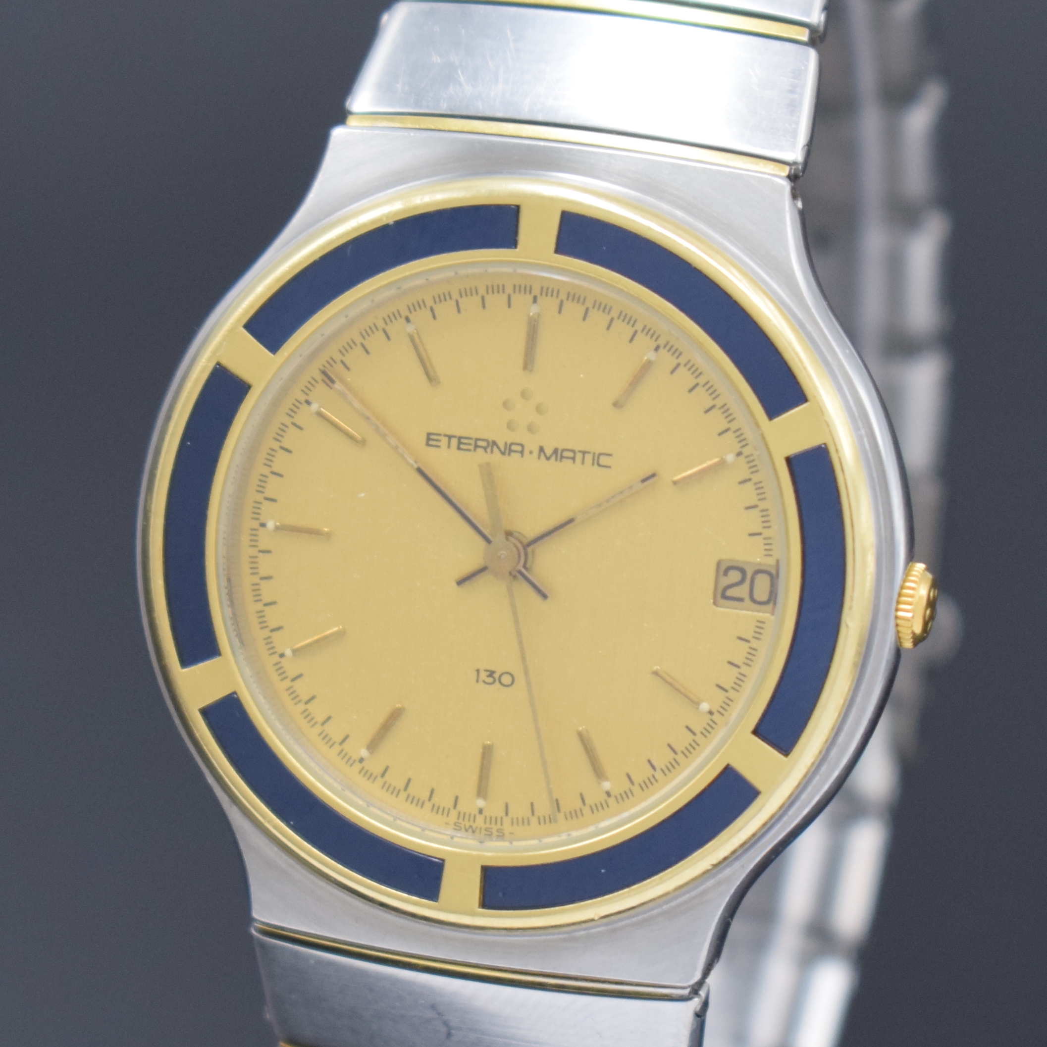Detail a: ETERNA-MATIC Gold-Club Armbanduhr in Stahl/ Gold, Schweiz um 1990, Automatik, beids. vergl. Geh., Goldlünette m. blauen Einlagen, integr. ...