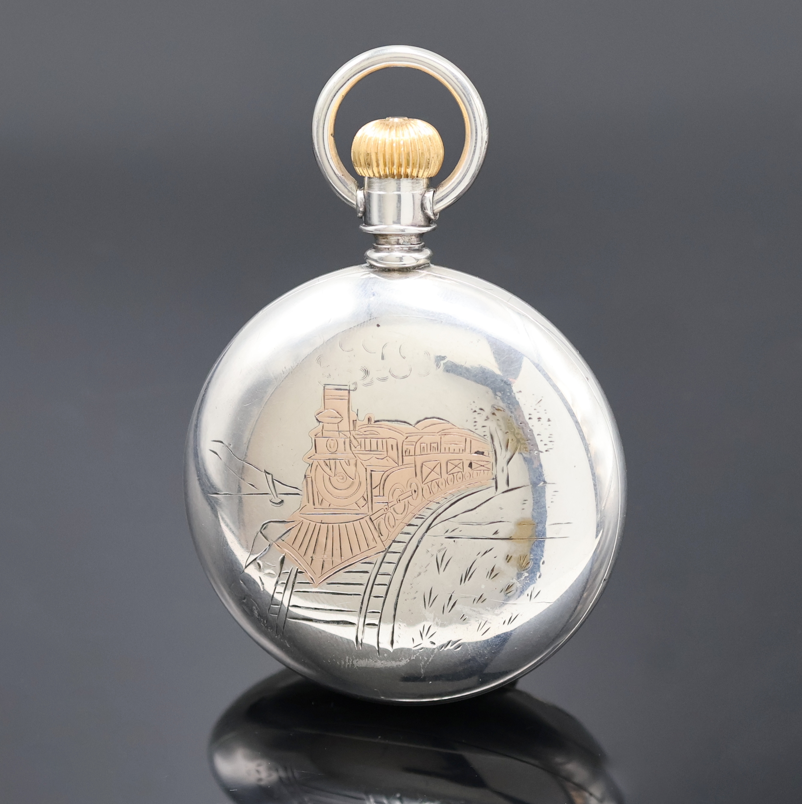 Detail a: D. GRUEN & SON offene Railroad-Watch in Silber, Deutschland/USA um 1900, glattes Geh. rücks. in Gold eingel. Dampflok, Boden u. Glasrand verschr., ...