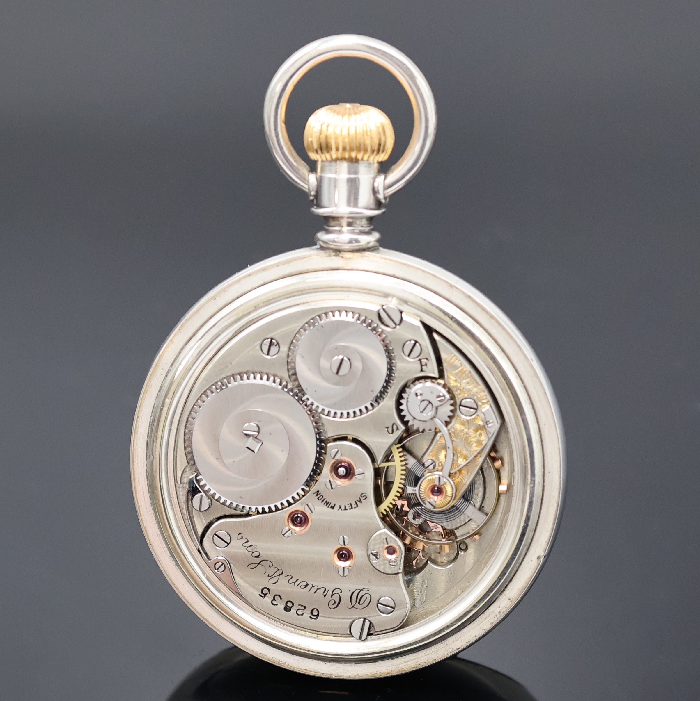 Detail b: D. GRUEN & SON offene Railroad-Watch in Silber, Deutschland/USA um 1900, glattes Geh. rücks. in Gold eingel. Dampflok, Boden u. Glasrand verschr., ...