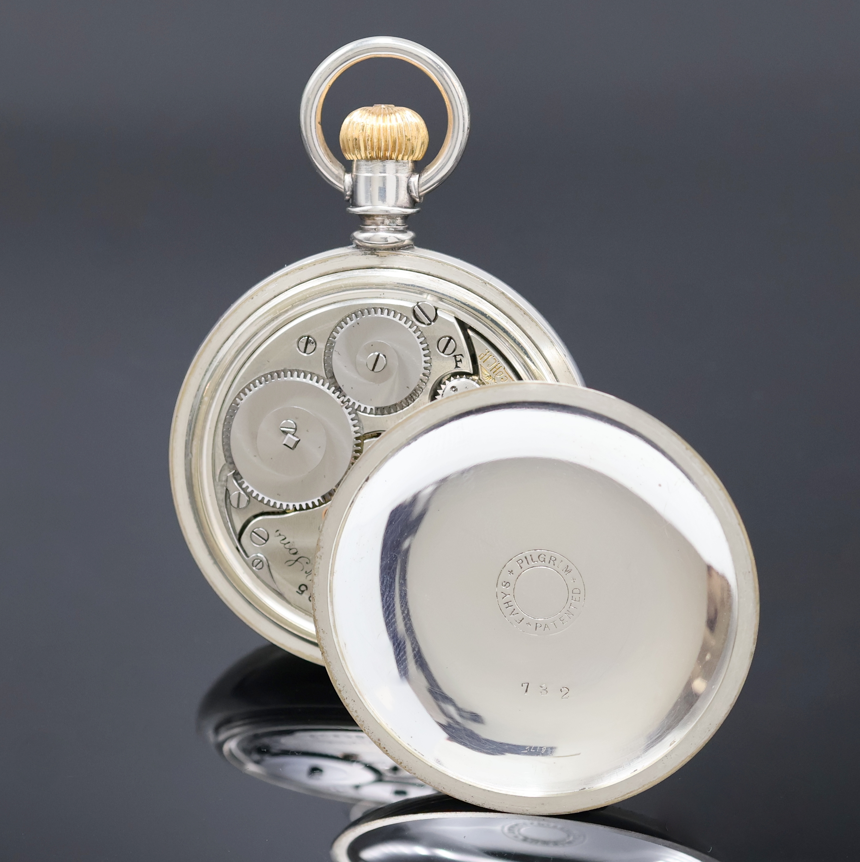 Detail c: D. GRUEN & SON offene Railroad-Watch in Silber, Deutschland/USA um 1900, glattes Geh. rücks. in Gold eingel. Dampflok, Boden u. Glasrand verschr., ...
