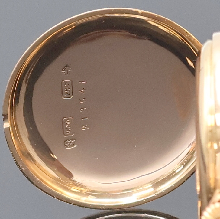 Detail c: PATEK PHILIPPE & Co offene Damentaschenuhr in RG 750/000, Schweiz um 1900, glattes 2- Deckel Goldgeh., guill. Rückdeckel, 2-tlg. Emailzifferbl. ...