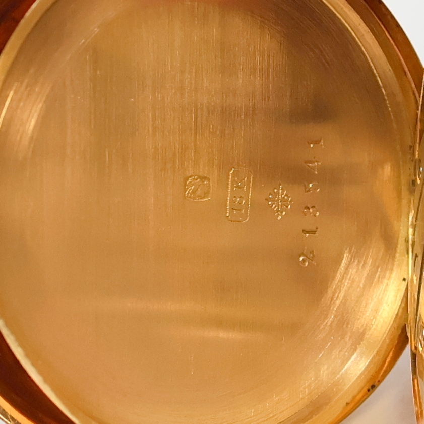 Detail e: PATEK PHILIPPE & Co offene Damentaschenuhr in RG 750/000, Schweiz um 1900, glattes 2- Deckel Goldgeh., guill. Rückdeckel, 2-tlg. Emailzifferbl. ...