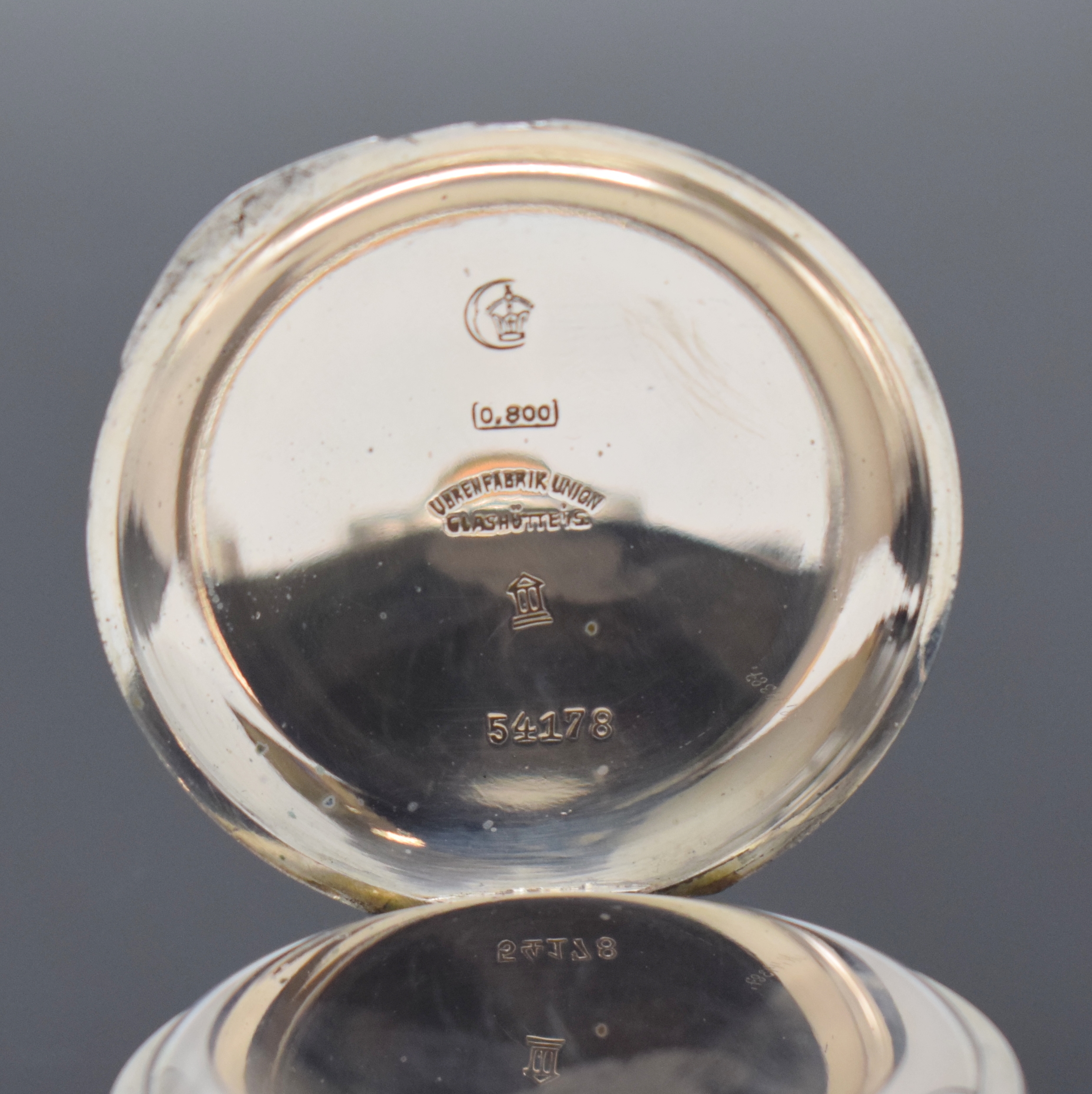 Detail b: UHRENFABRIK UNION Glashütte offene Silbertaschenuhr in 1C-Qualität, Deutschland um 1910, guill. Lucia-Geh., 2-teil. Emailzifferbl. m. arab. Zahlen, ...