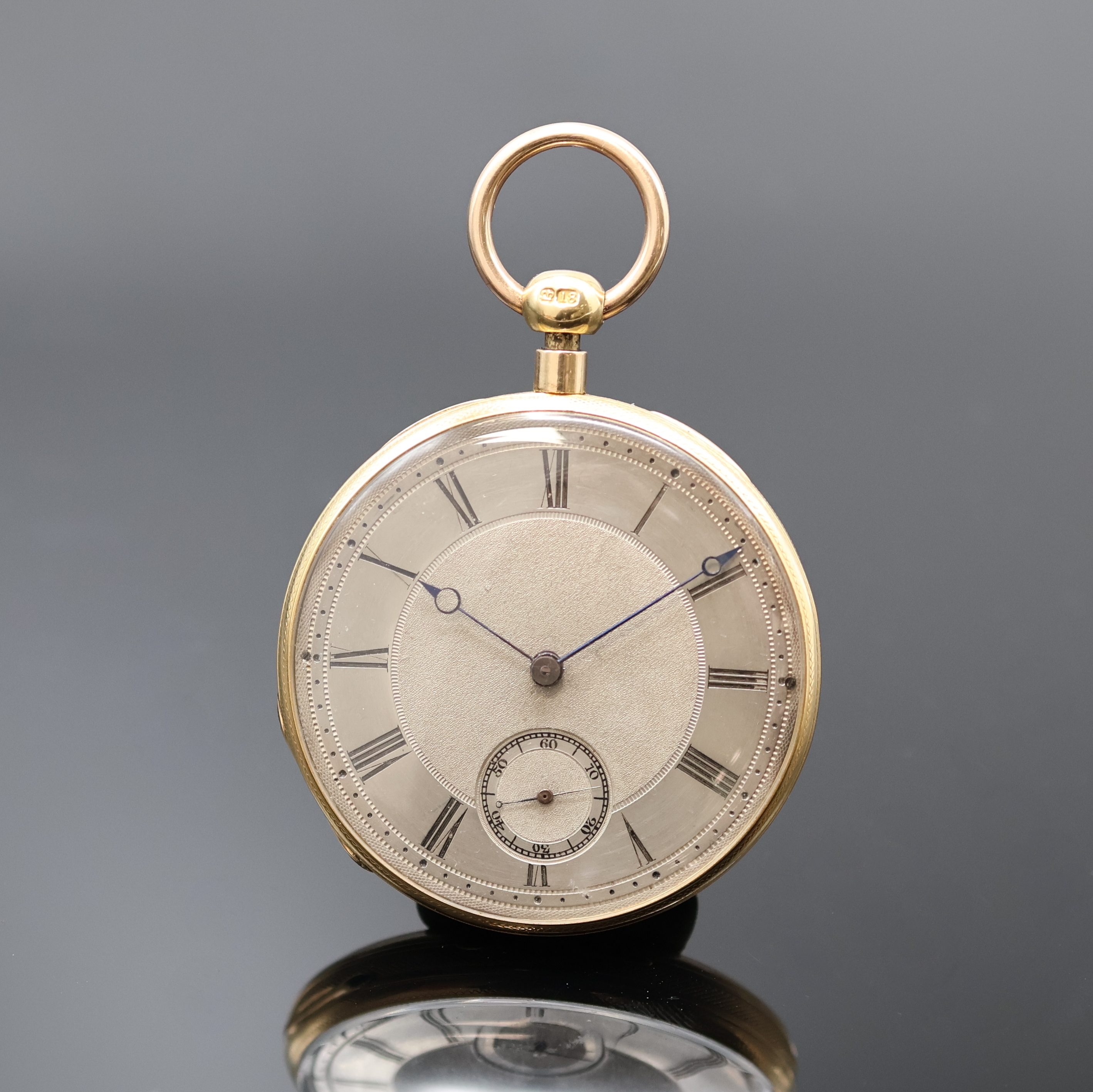 GREYHURST.HARVEY & Co offene Taschenuhr mit 1/4-Repetition in GG 750/000, London Hallmark 1824, Schlüsselaufzug, guill. Geh., auf Rückdeckel kleine ...