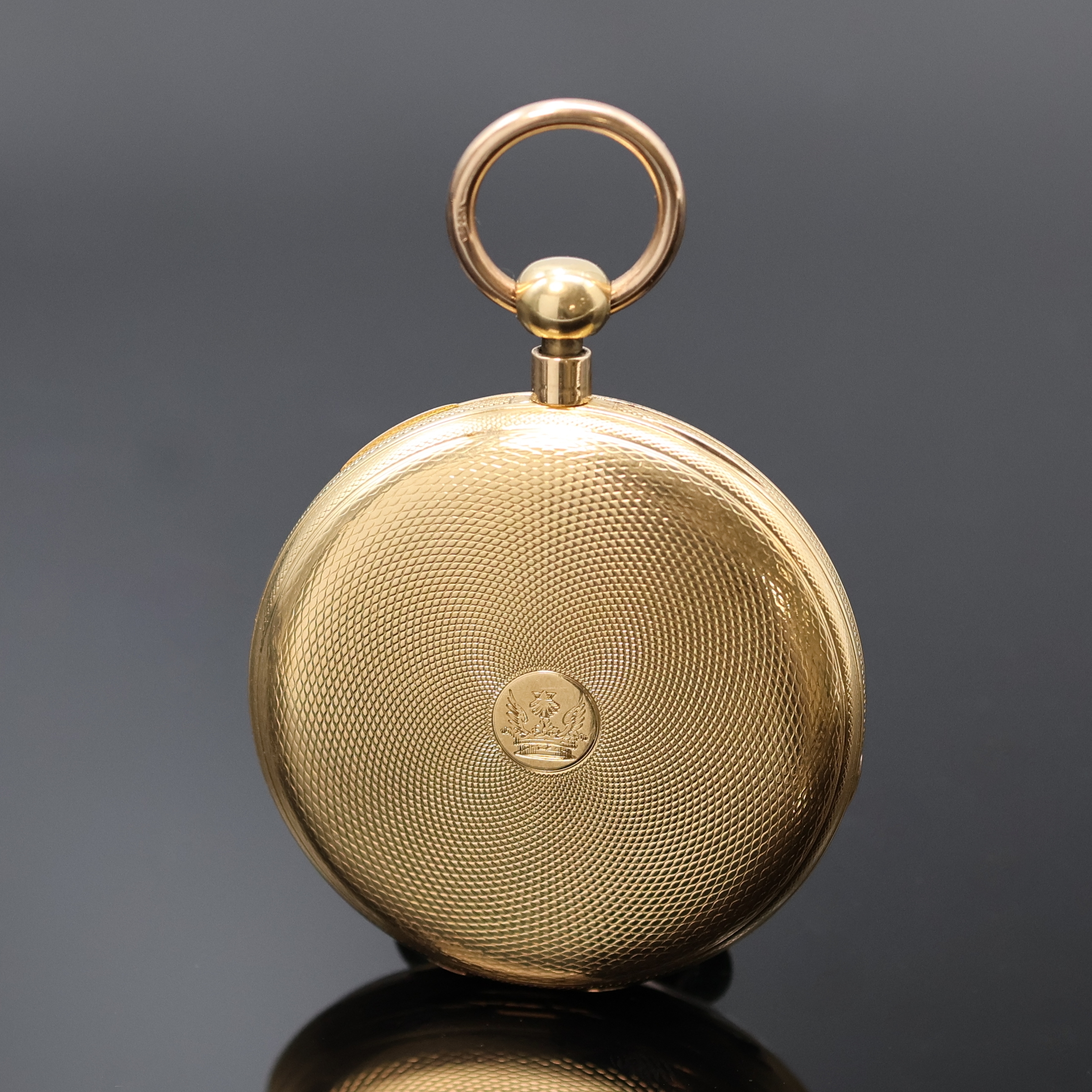 Detail a: GREYHURST.HARVEY & Co offene Taschenuhr mit 1/4-Repetition in GG 750/000, London Hallmark 1824, Schlüsselaufzug, guill. Geh., auf Rückdeckel kleine ...