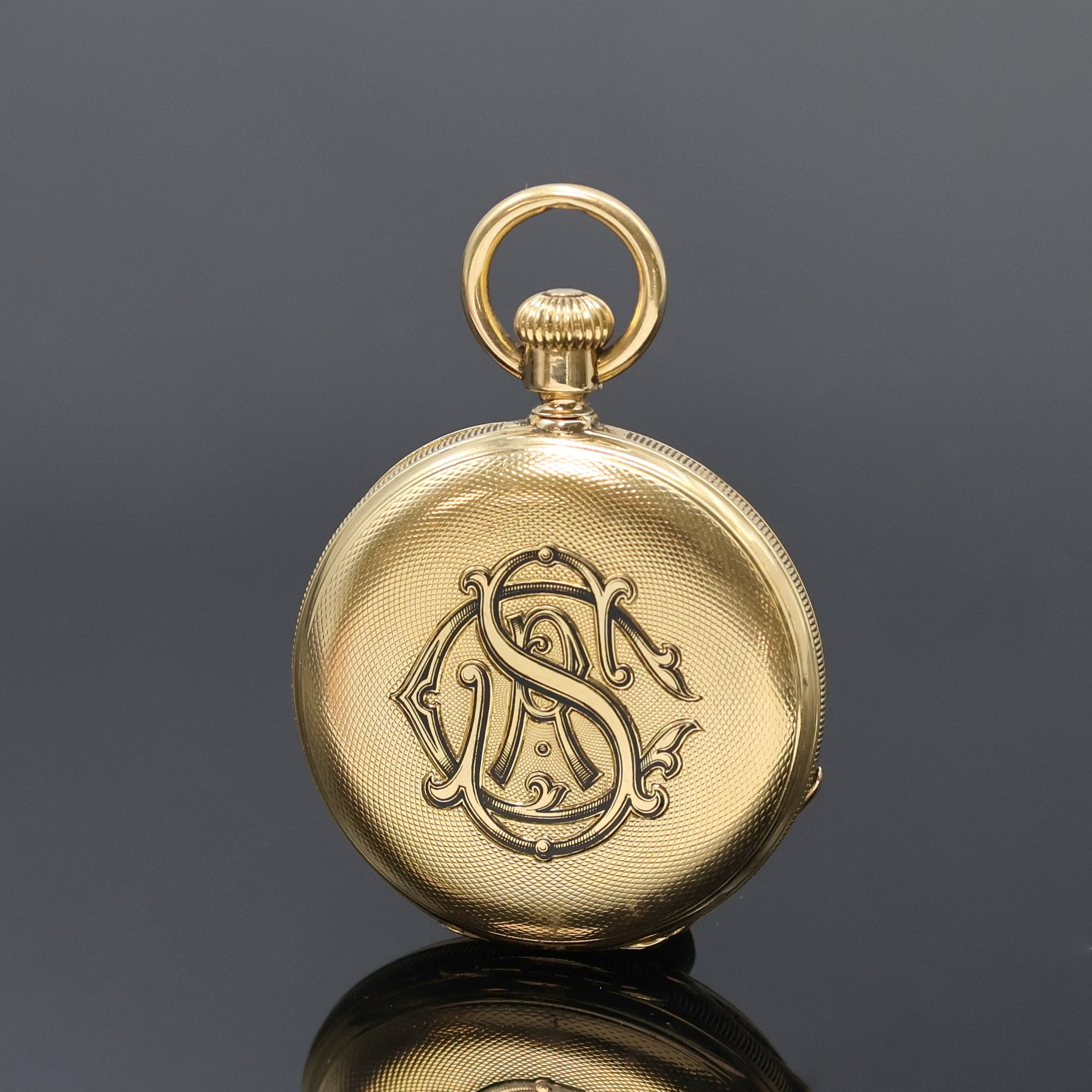 Detail b: H.R. EKEGREN Damensavonette in GG 750/000, Schweiz um 1870, guill. 3-Deckel Goldgeh. m. à-Goutte Schlüssen, gerippter Rand, schwarz emailliertes ...