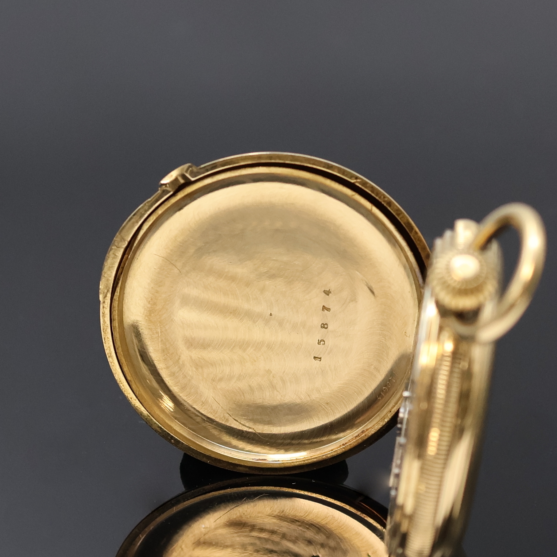 Detail f: H.R. EKEGREN Damensavonette in GG 750/000, Schweiz um 1870, guill. 3-Deckel Goldgeh. m. à-Goutte Schlüssen, gerippter Rand, schwarz emailliertes ...