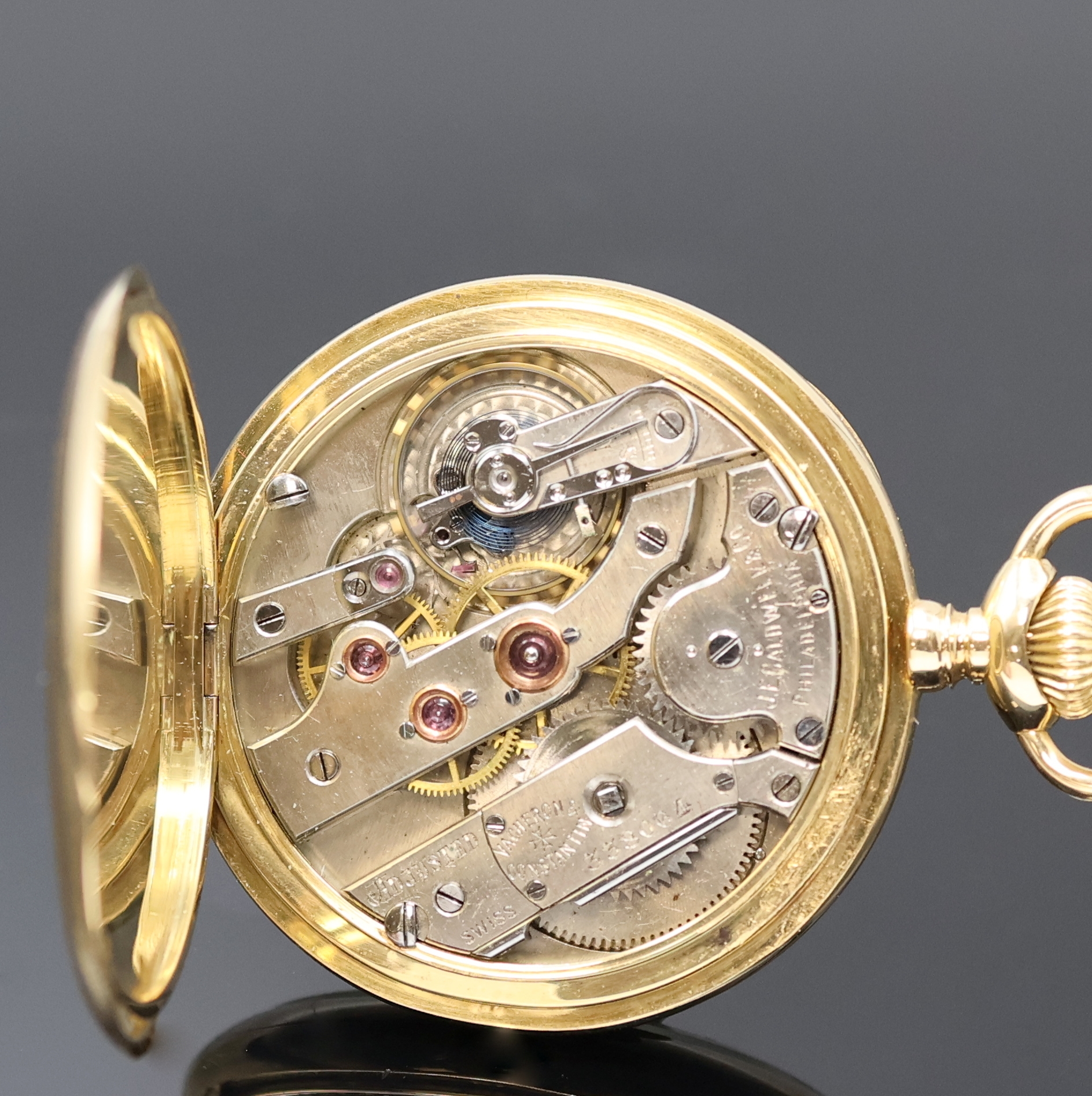 Detail d: J.E.CALDWELL & Co / VACHERON & CONSTANTIN offene Taschenuhr in GG 750/000, Schweiz/USA um 1920, glattes Geh. dell., Rückdeckel m. Monogramm-Gravur ...