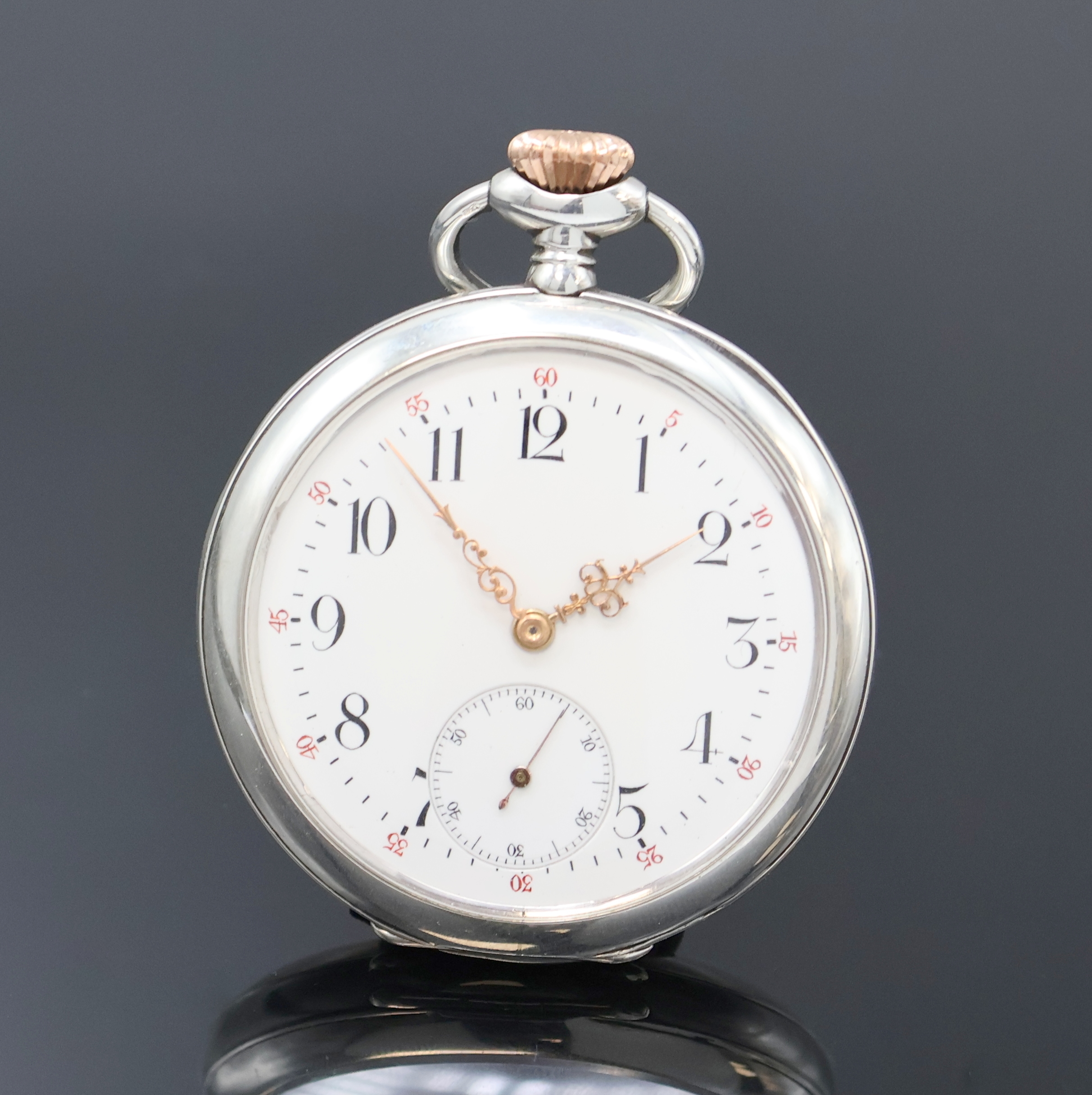 UHRMACHERSCHULE ST. IMIER offene Silbertaschenuhr, Schweiz um 1915, glattes Geh., Rähmchen-Emailzifferbl. m. arab. Zahlen, gold. Zeiger, kl. Sek. b. ...
