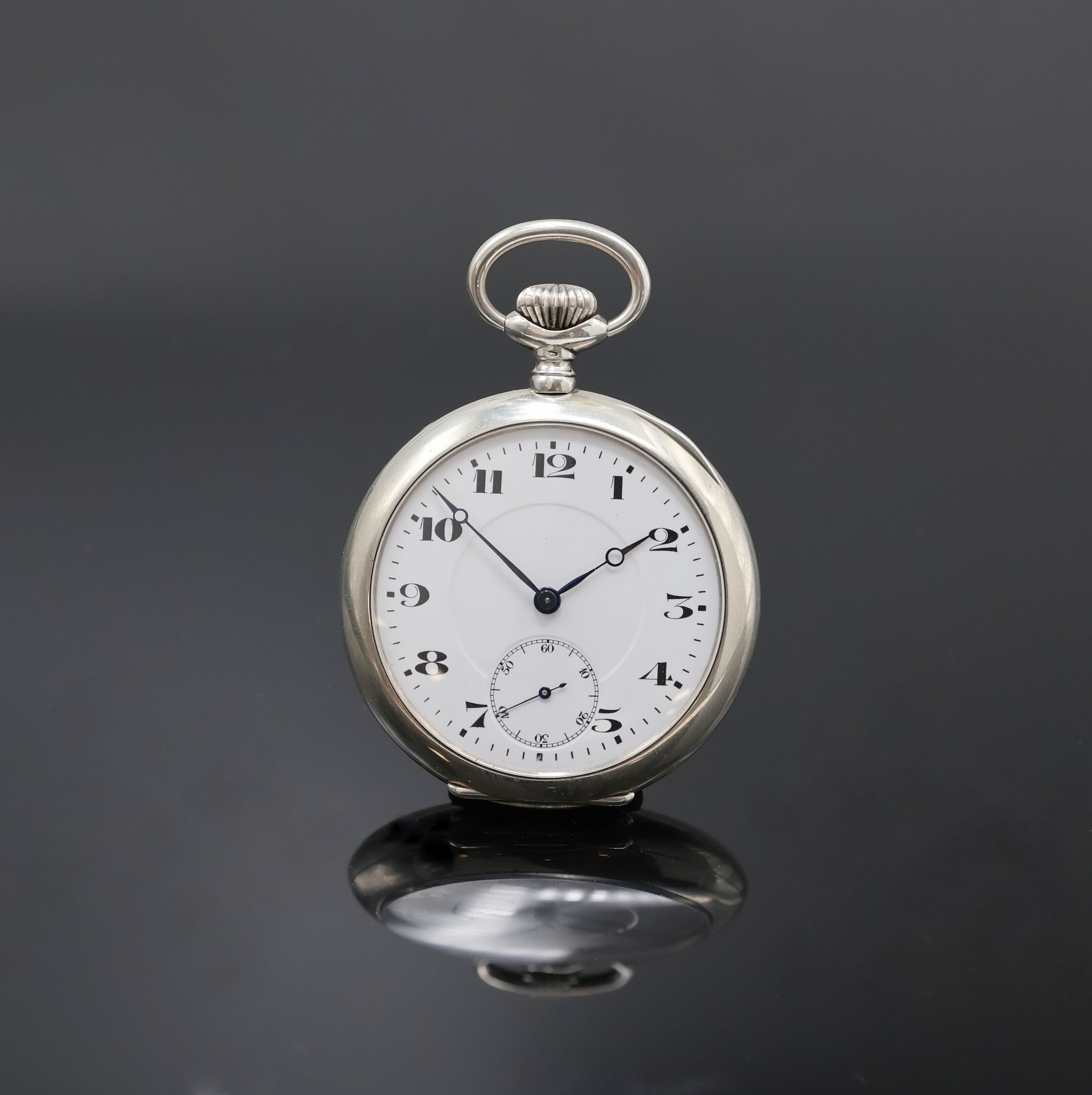 UHRMACHERSCHULE Neuchâtel offene Taschenuhr in Silber, Schweiz um 1920, glattes Geh., Emailzifferbl. m. arab. Zahlen, kl. Sek. b. 6, gebl. Zeiger, ...