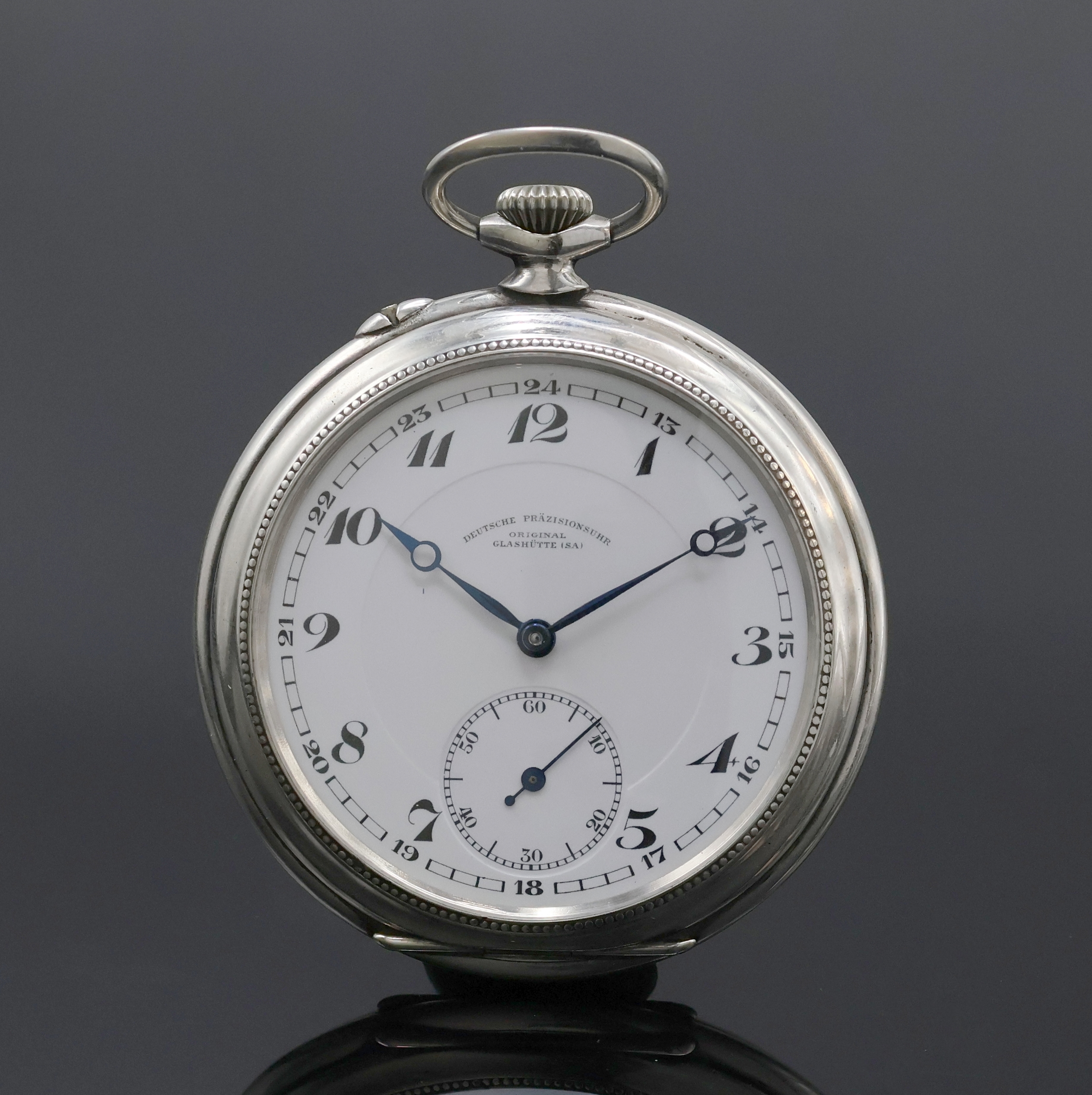 DEUTSCHE PRÄZISIONSUHR ORIGINAL GLASHÜTTE(SA) offene Silbertaschenuhr, Deutschland um 1920, glattes Geh., Emailzifferbl. m. Breguetzahlen, kl. Sek. ...
