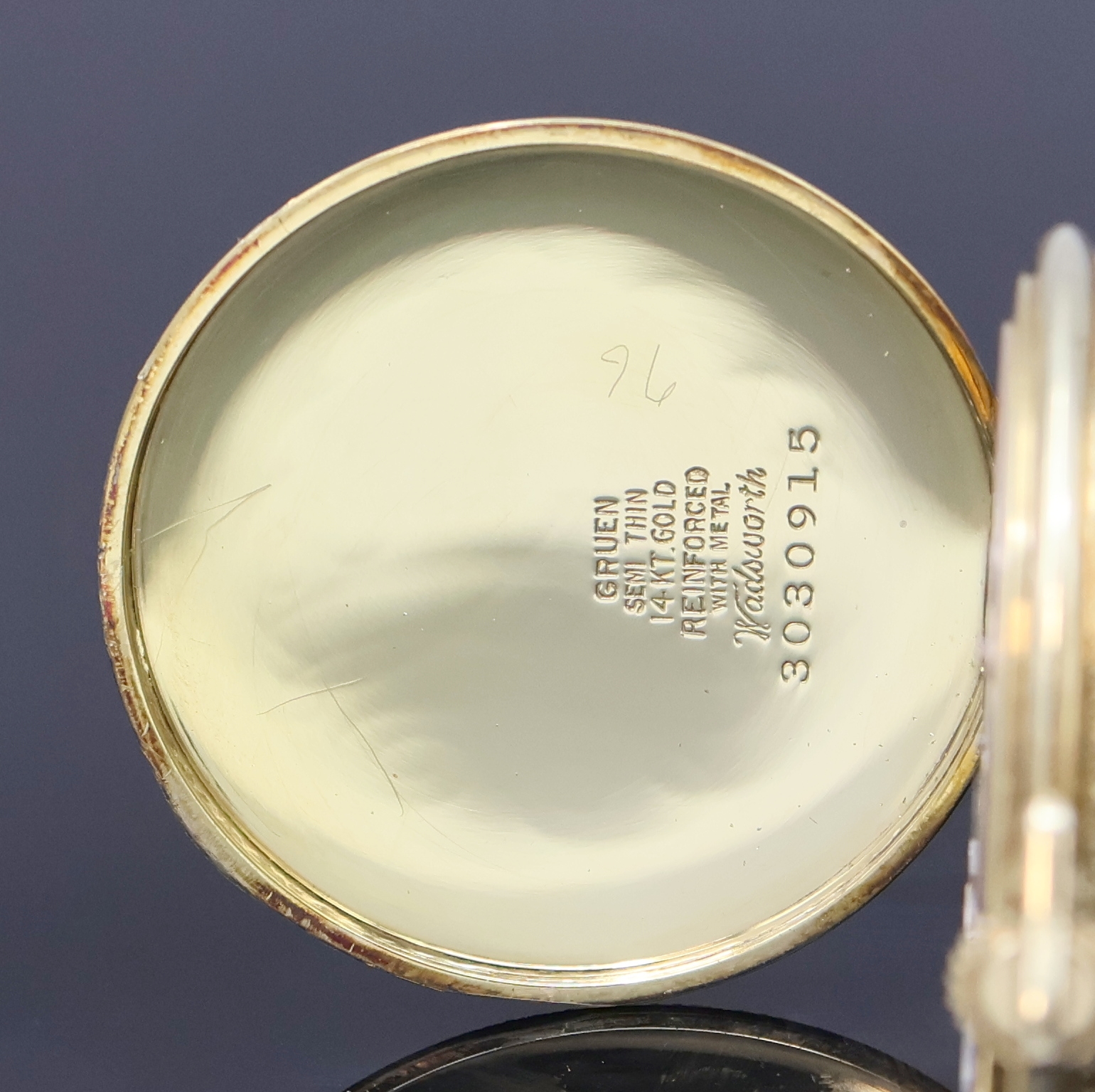 Detail c: GRUEN SemiThin Frackuhr in 14k Gold Metall- verstärkt, Schweiz um 1930, Handaufzug, teil-grav. Geh., Rückdeckel m. Monogramm, silb. Zifferbl. ...