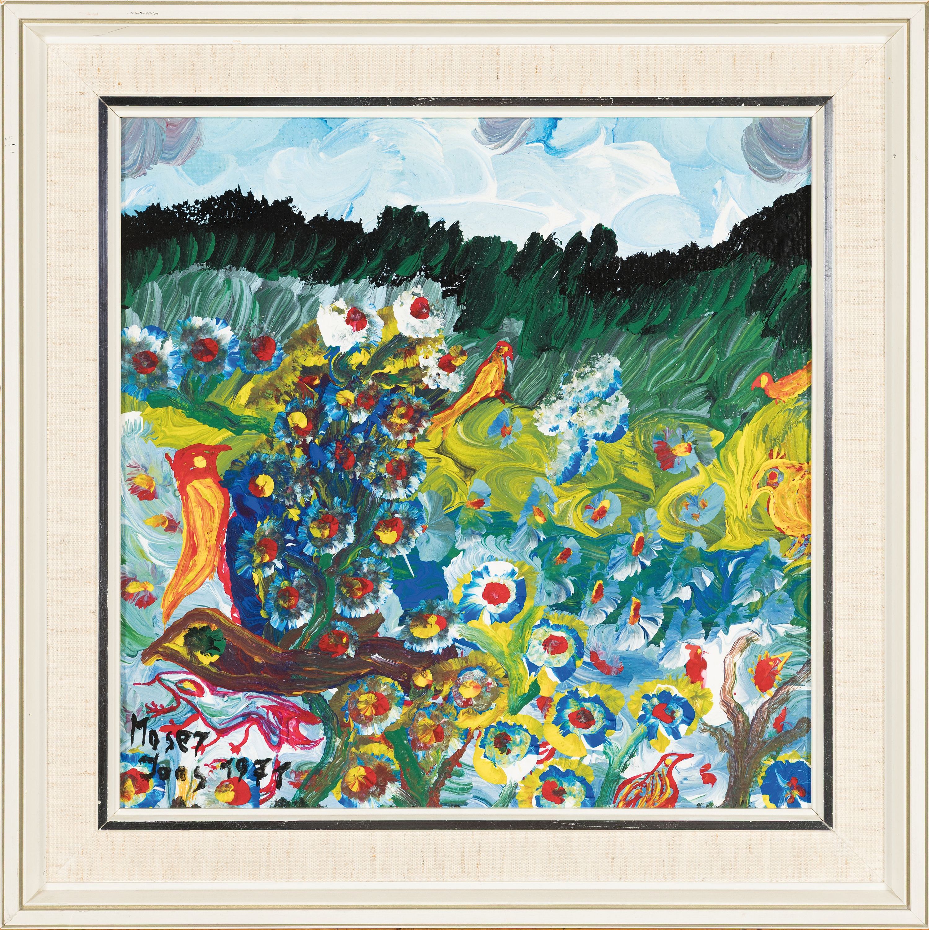 Detail k: Moser, datiert 1971, Blühender Garten mit Vogel, Öl/Lwd, links unten sign. und dat., ca. 30x30cm, R. ca. 38x38cm