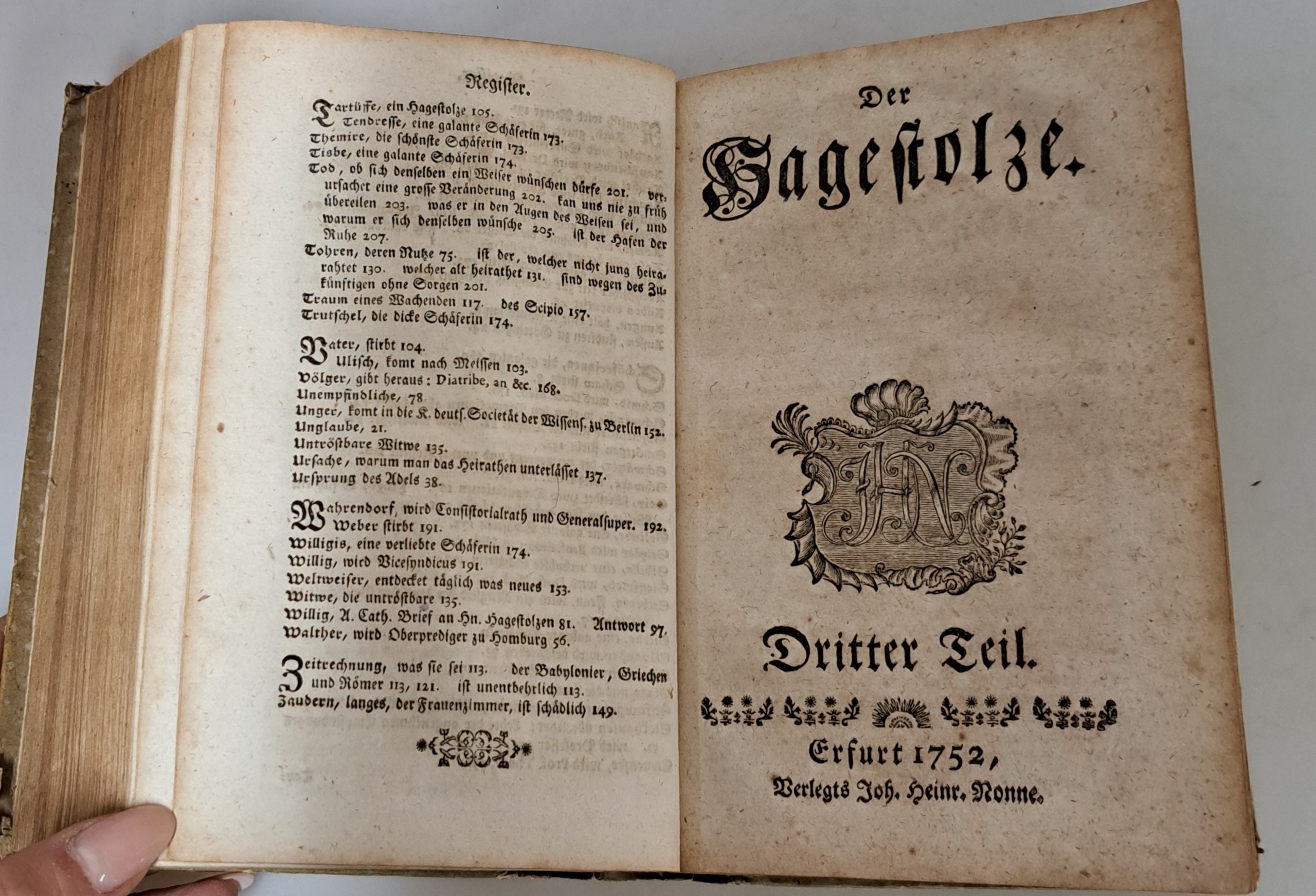 Detail a: Der Hagestolze. Trahit fua quemque voluptas., Erfurt, Johann Heinrich Nonne 1751/52, kl. 8°, Periodikum aus drei Teilen in einem Band, 320/208/200 ...
