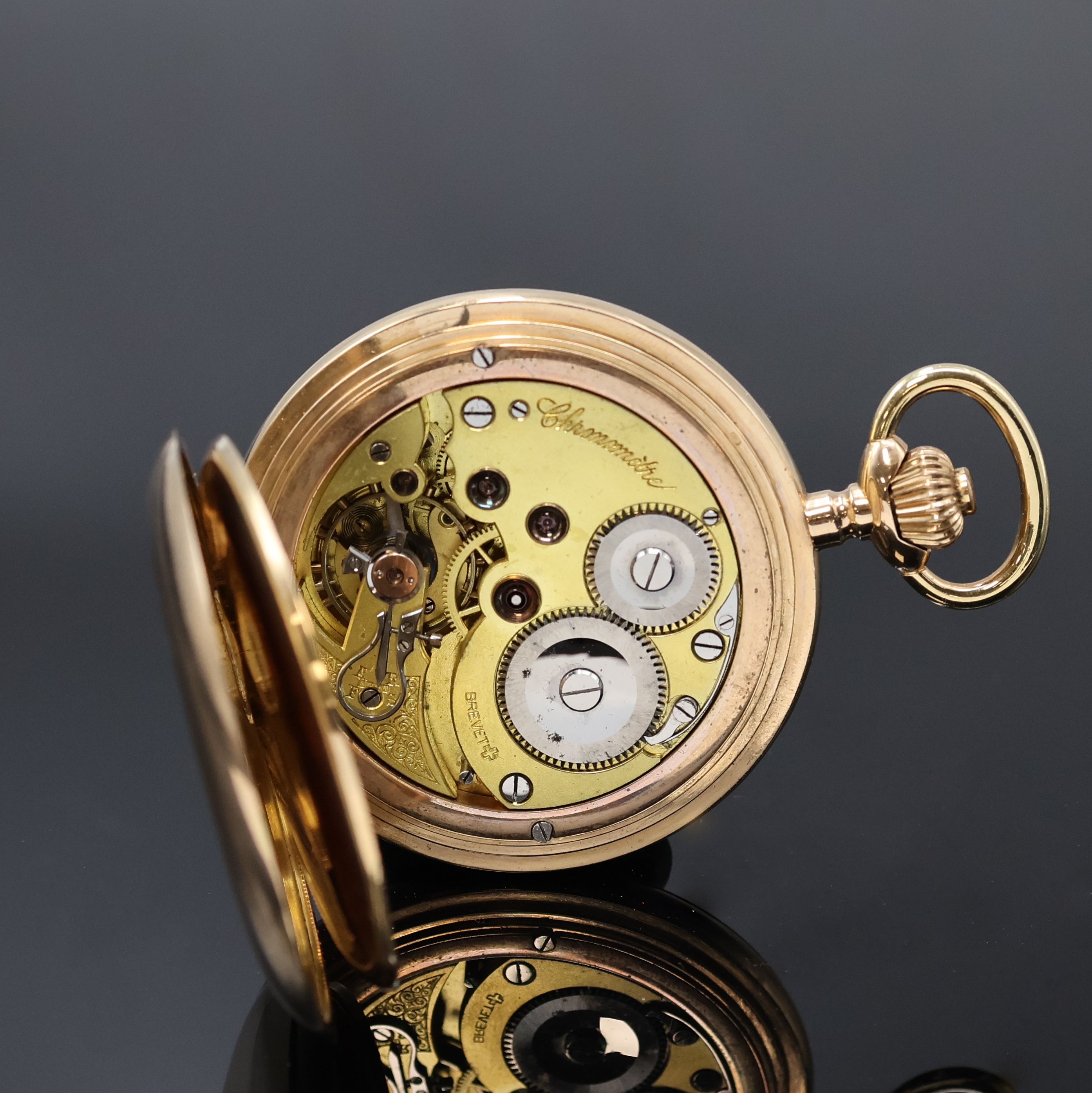 Detail g: CHRONOMÉTRE große Herrensavonette mit Chronometerhemmung in RG 585/000, Schweiz um 1910, glattes 3-Deckel Goldgeh., Emailzifferbl., arab. Zahlen, ...