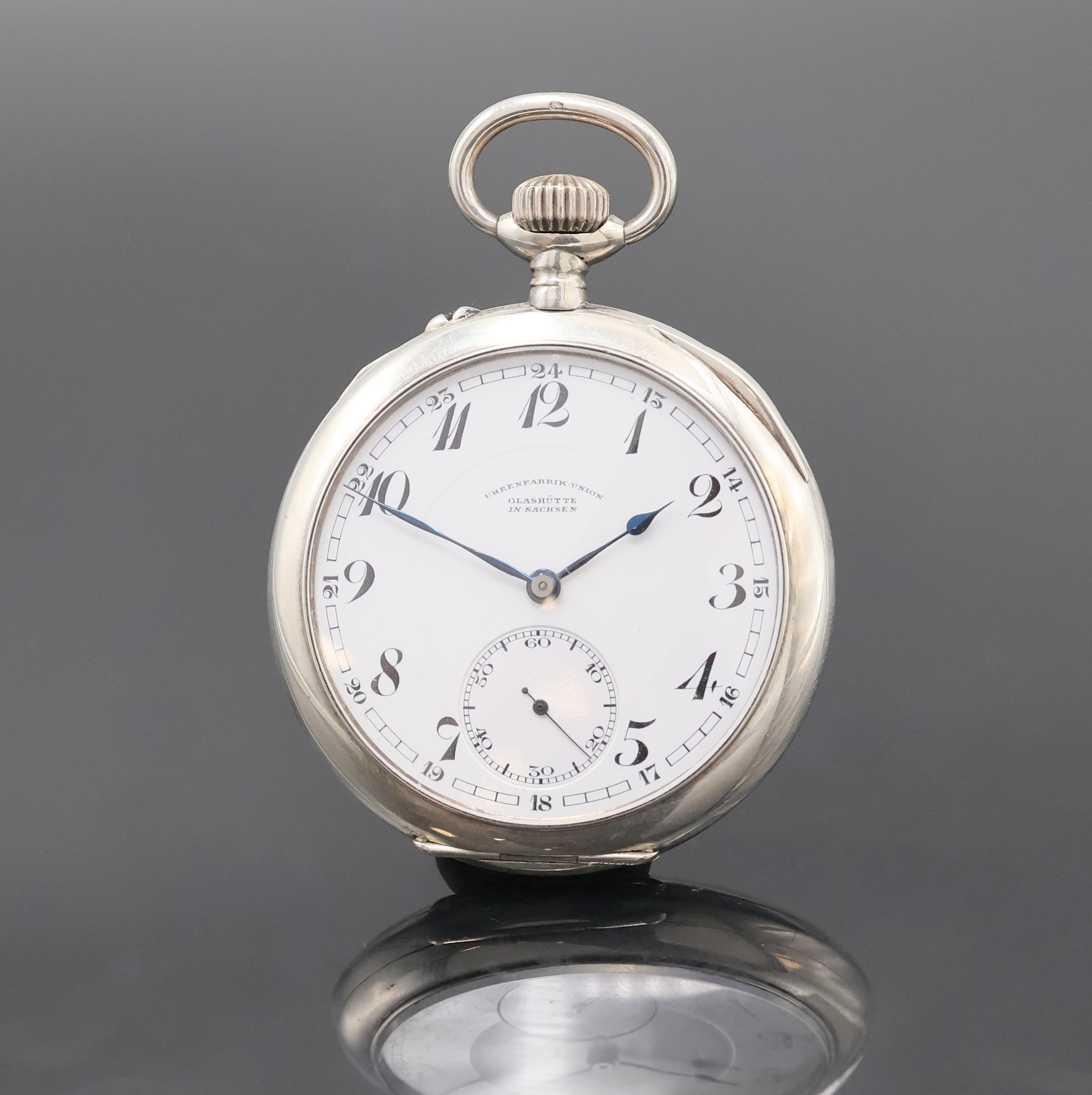 UHRENFABRIK UNION Glashütte offene Silber- taschenuhr in 1C-Qualität, Deutschland um 1920, glattes Geh., Silbercuvette, Emailzifferbl. m. ...
