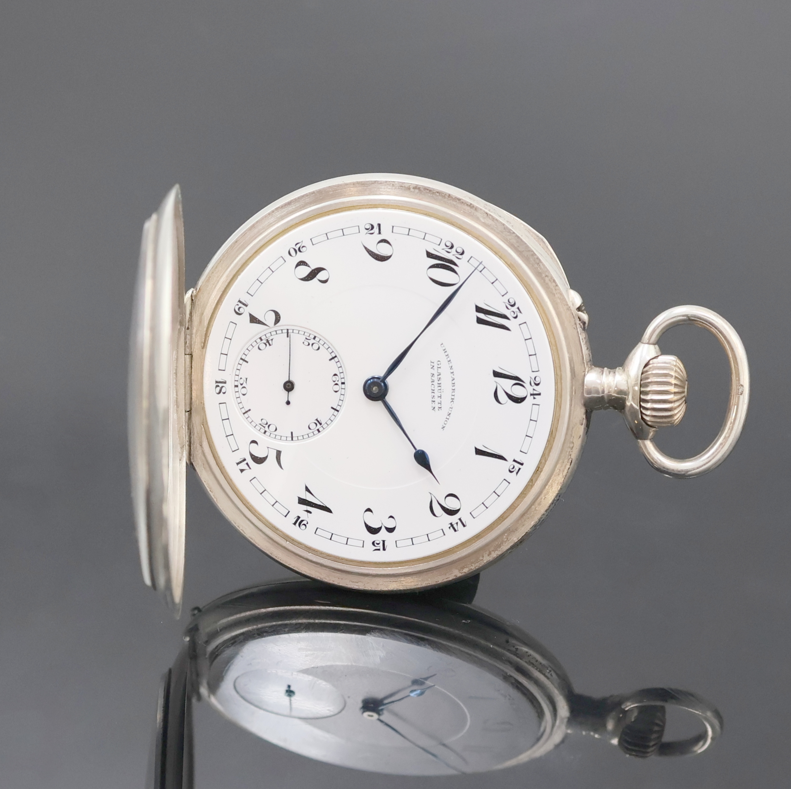 Detail b: UHRENFABRIK UNION Glashütte offene Silber- taschenuhr in 1C-Qualität, Deutschland um 1920, glattes Geh., Silbercuvette, Emailzifferbl. m. ...