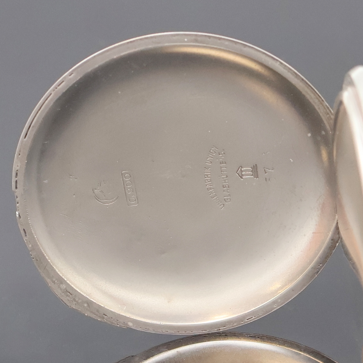 Detail d: UHRENFABRIK UNION Glashütte offene Silber- taschenuhr in 1C-Qualität, Deutschland um 1920, glattes Geh., Silbercuvette, Emailzifferbl. m. ...