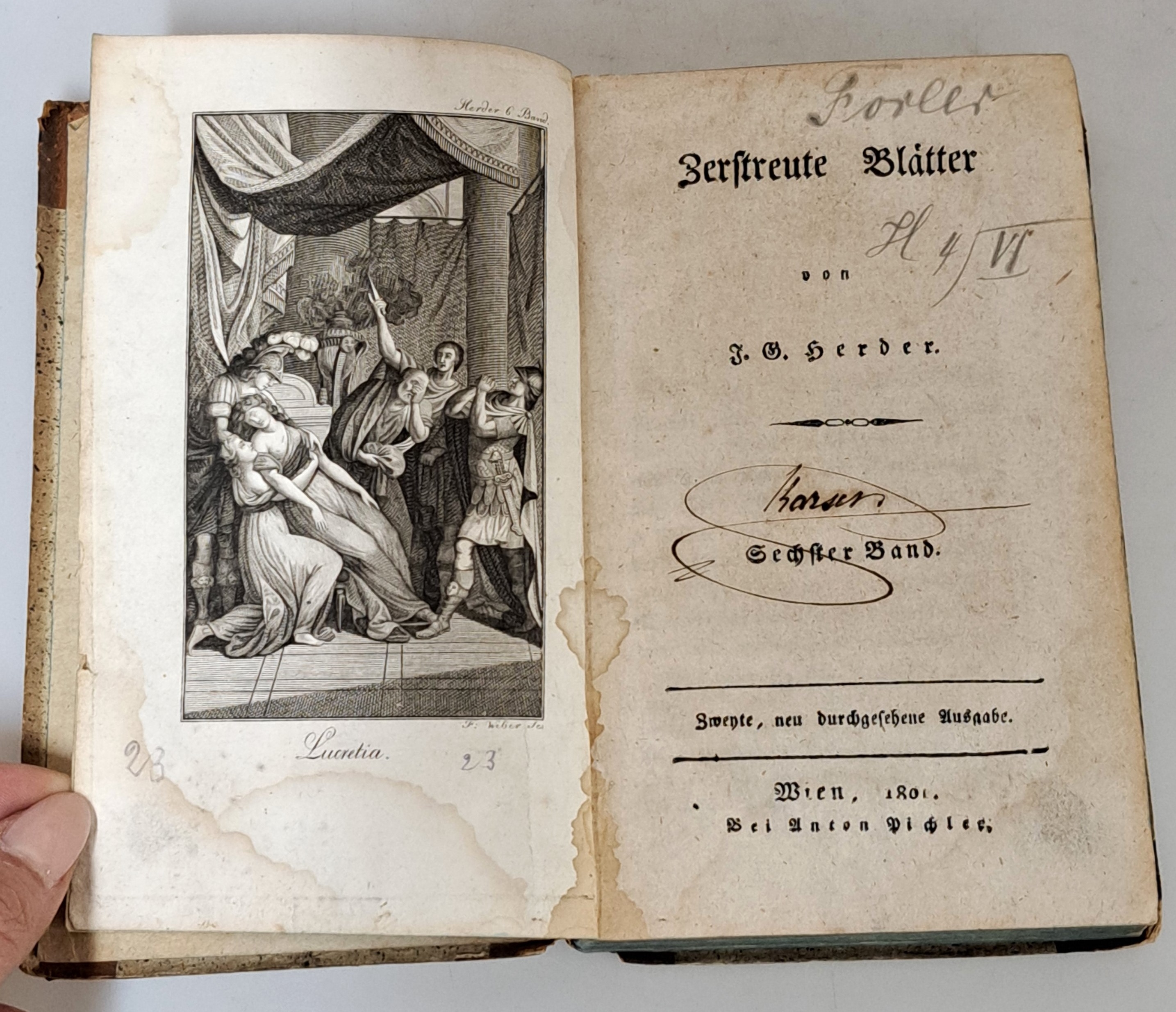 Detail d: Johann Gottfried Herder (1744-1803): Zerstreute Blätter, Wien, Anton Pichler 1801 , in 5 Bänden, kl. 8°, Halbledereinbände l. lädiert, ...