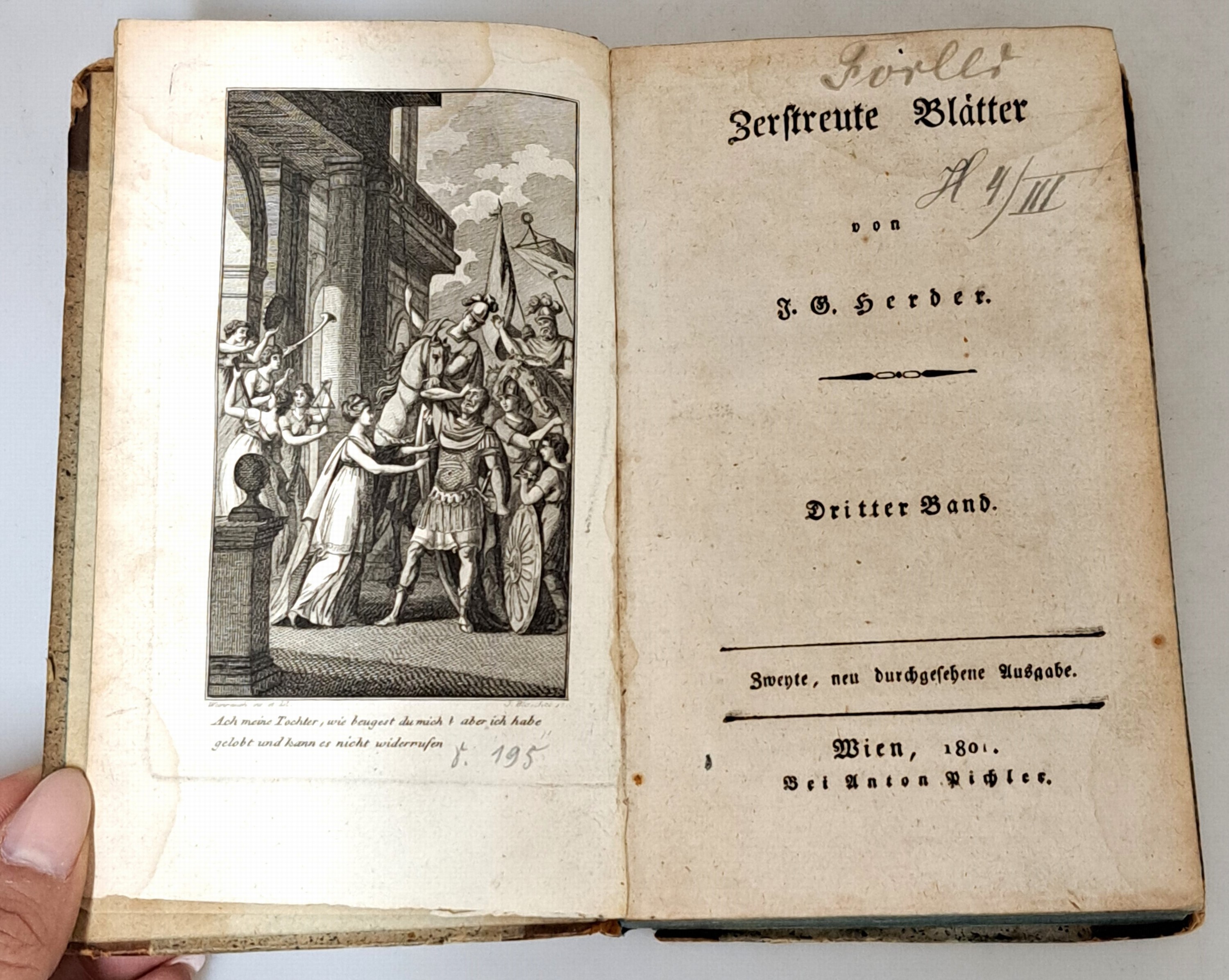 Detail e: Johann Gottfried Herder (1744-1803): Zerstreute Blätter, Wien, Anton Pichler 1801 , in 5 Bänden, kl. 8°, Halbledereinbände l. lädiert, ...