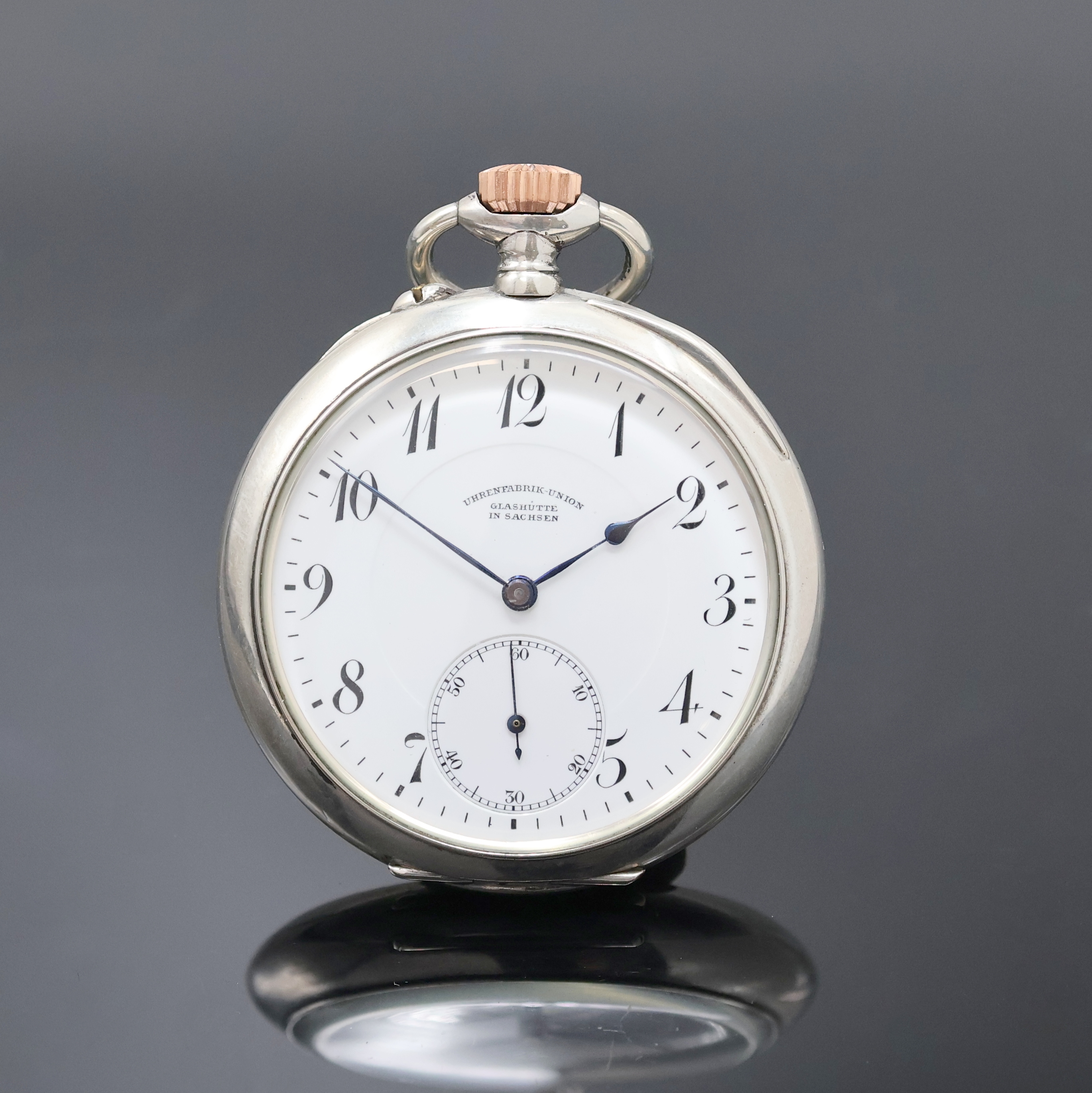 UHRENFABRIK UNION Glashütte offene Taschenuhr in Silber mit seltenem Werk, Deutschland um 1920, Geh. guill., 2-tlg. Emailzifferbl. m. ...