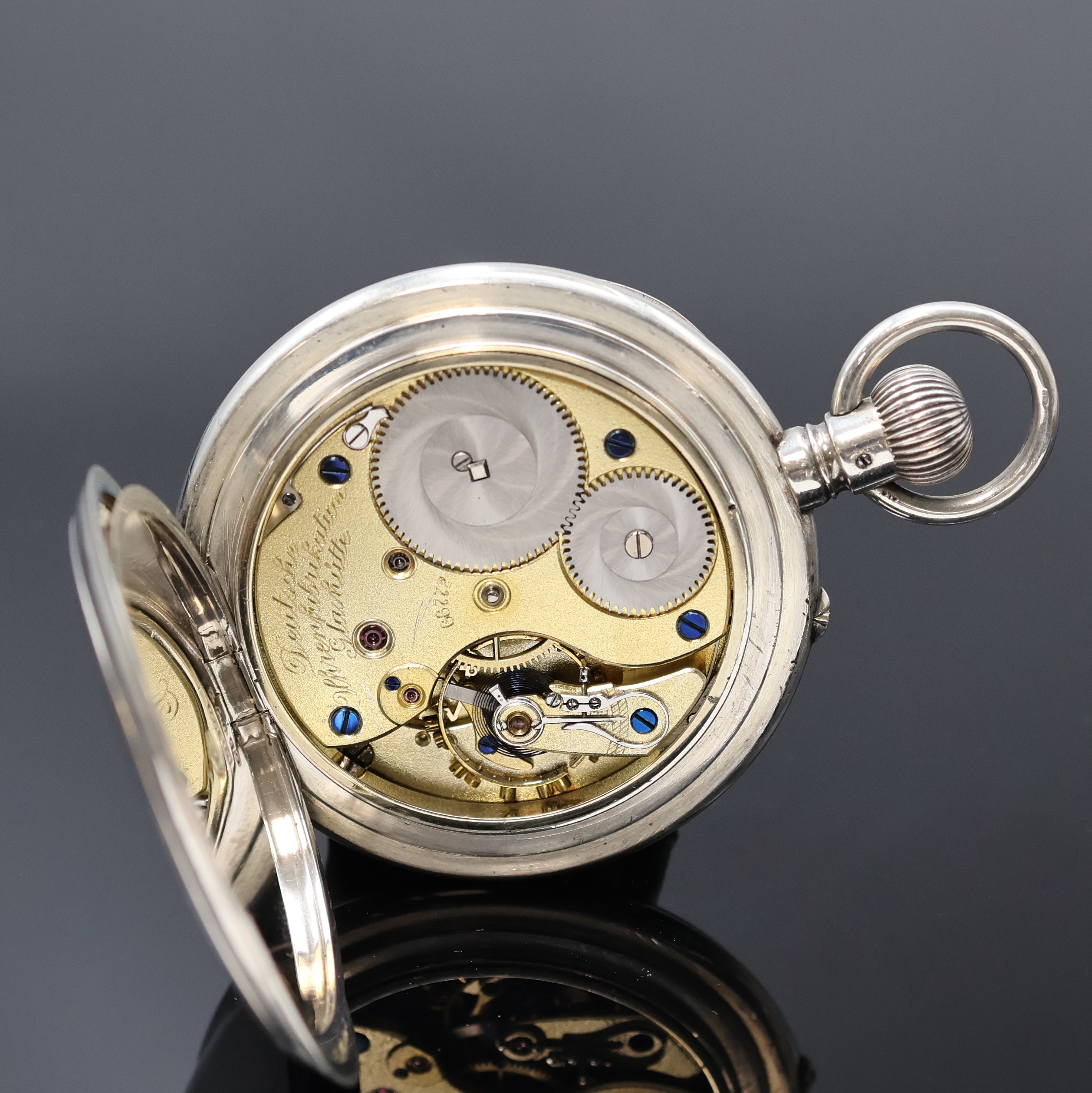 Detail e: A. LANGE & SÖHNE -DUF- große B-Uhr in Silber, Deutschland um 1918, guill. Jürgens-Geh. dell./rep., 2-tlg. Emailzifferbl. riss., gebl. ...