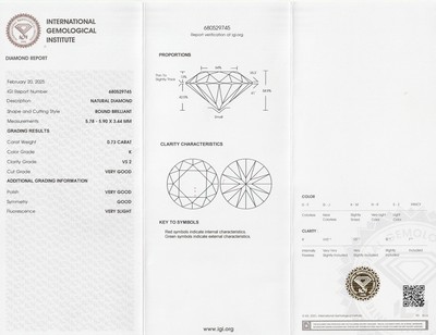 26918729a - Loser Brillant, 0.73 ct get. Weiß(K)/vs2, eingeschweißt, mit IGI-Expertise ...
