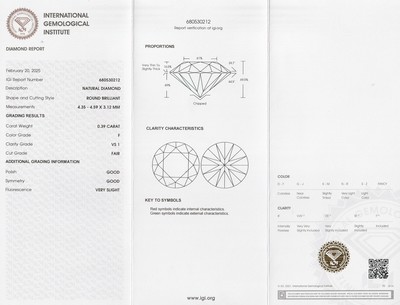 26918732a - Loser Brillant, 0.39 ct feines Weiß+(F)/vs1, eingeschweißt, mit IGI-Expertise ...