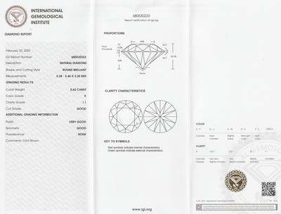 26918735a - Loser Brillant, 0.62 ct get. Weiß(K)/p1, eingeschweißt, mit IGI-Expertise ...