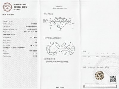 26918736a - Loser Brillant, 0.21 ct l.get.Weiß(I)/si1, eingeschweißt, mit IGI-Expertise ...