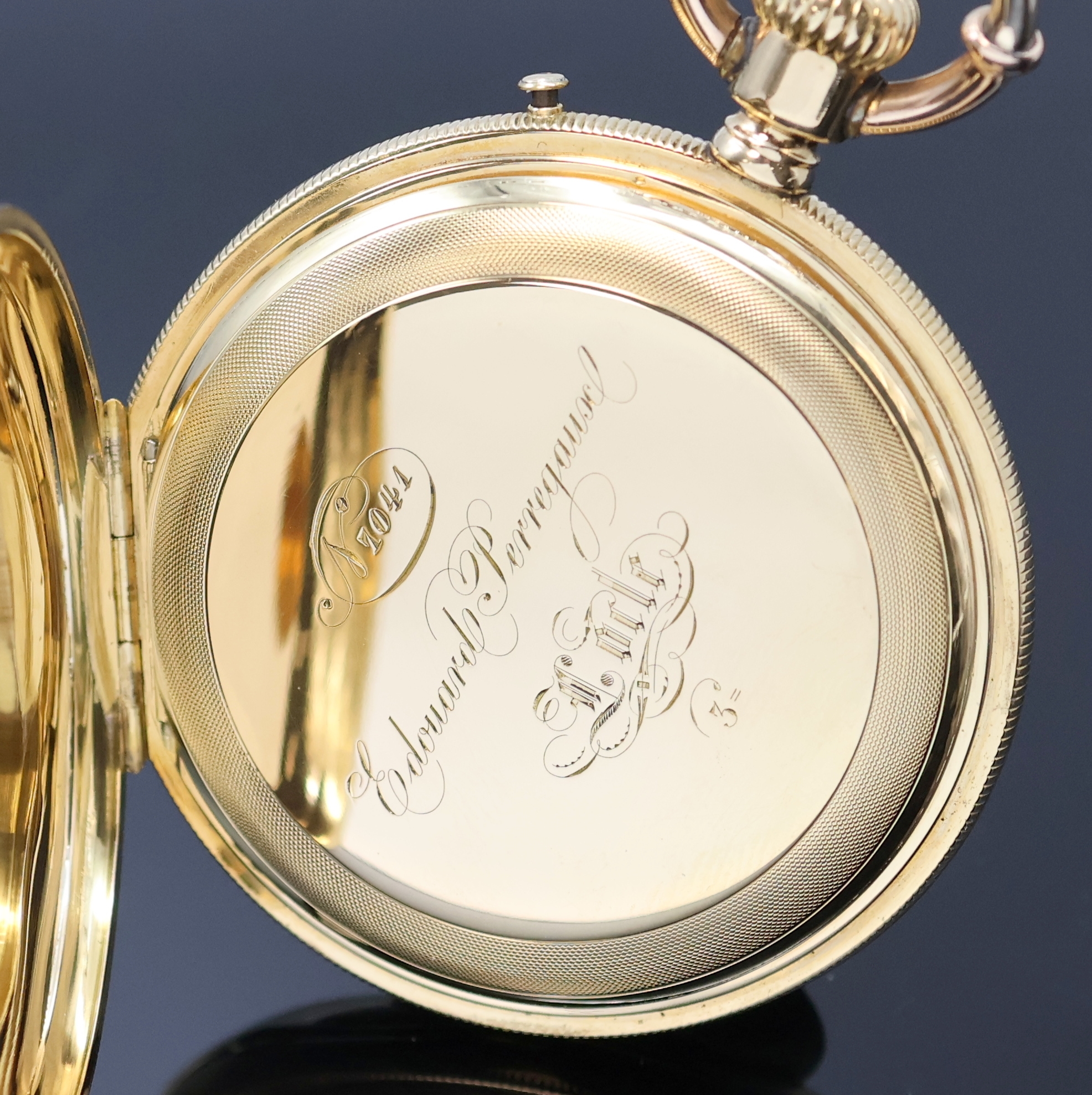Detail e: EDOUARD PERREGAUX Le Locle schwere Herrensavonette in GG 750/000, Schweiz um 1880, glattes 3-Deckel Goldgeh. m. Münzrand ber., 2-tlg. Emailzifferbl. ...