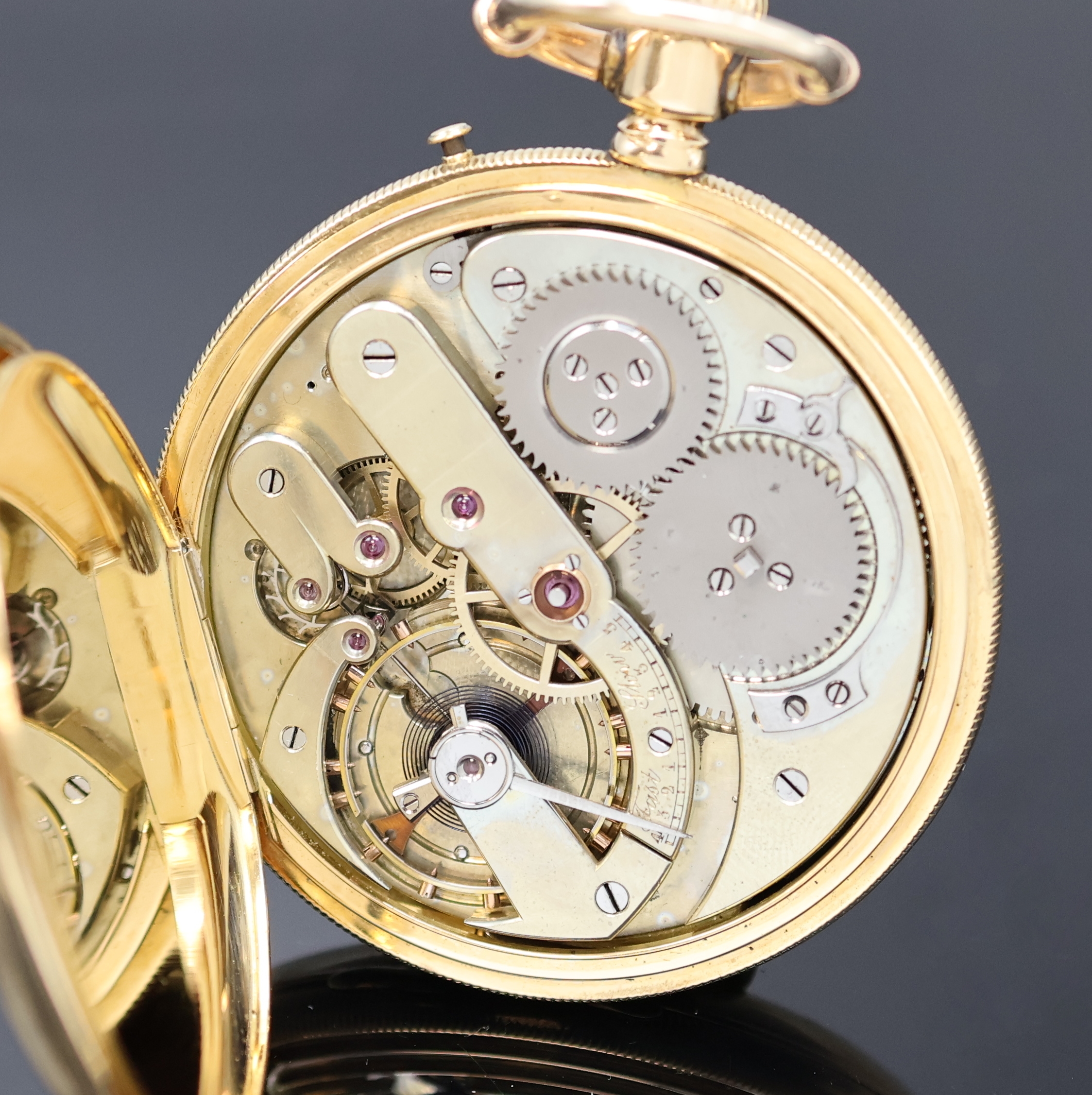 Detail g: EDOUARD PERREGAUX Le Locle schwere Herrensavonette in GG 750/000, Schweiz um 1880, glattes 3-Deckel Goldgeh. m. Münzrand ber., 2-tlg. Emailzifferbl. ...