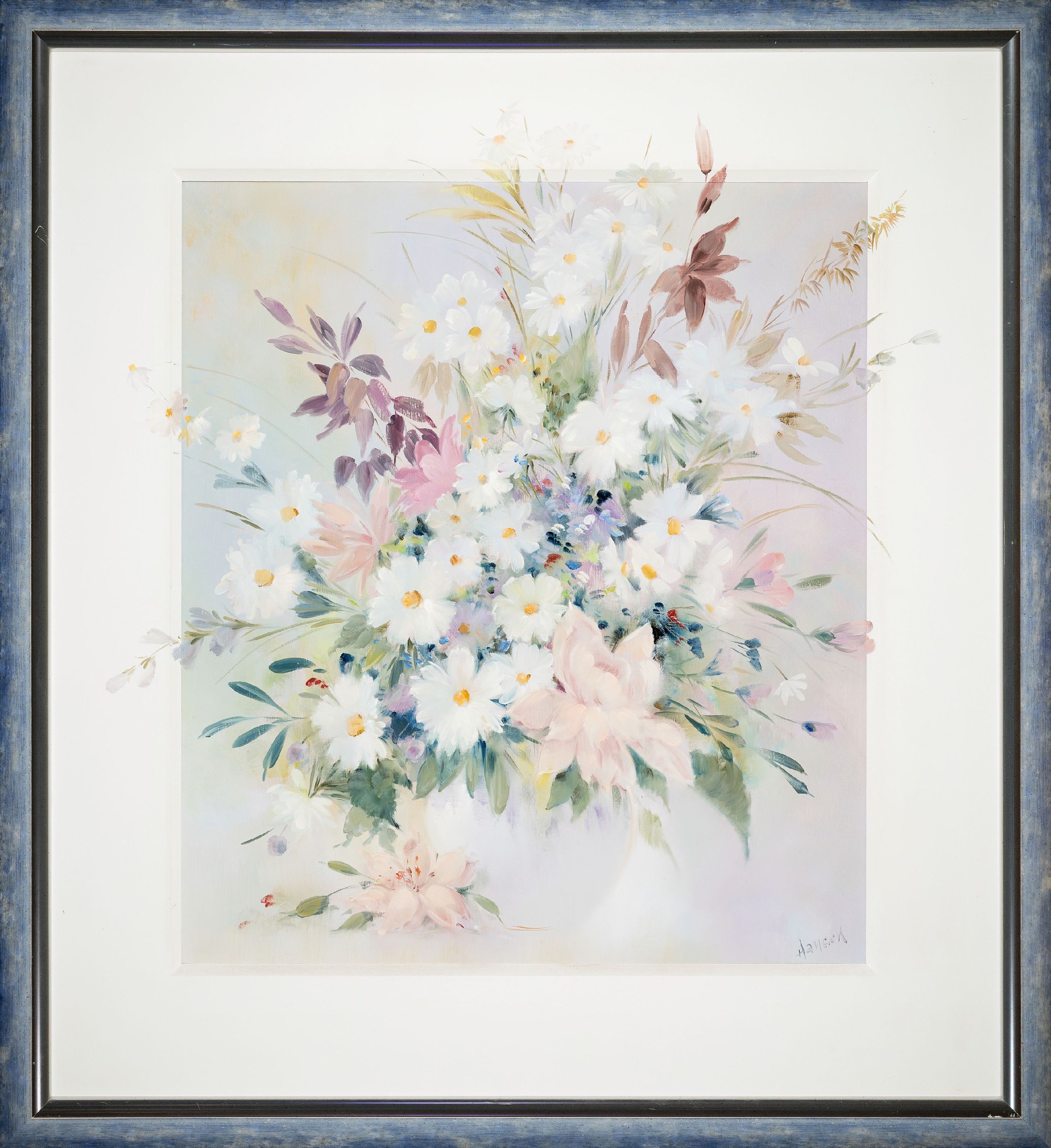 Detail k: Hansen, zeitgenössischer Maler, Traditionalist, Blumenstillleben, Öl/Lwd, teils auf das Passepartout weiter gemalt, rechts unten signiert, ...