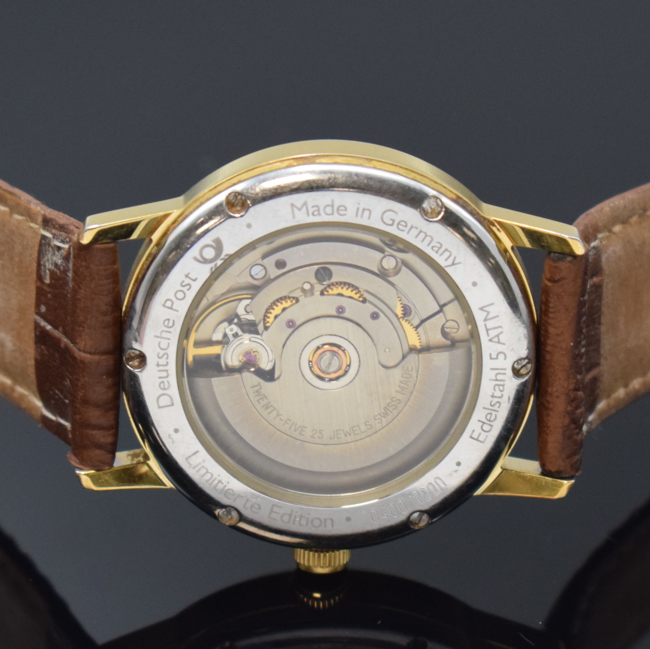 Detail d: LACO auf 1000 Stück limitierte Herrenarmbanduhr, Automatik, Deutschland um 2000, Sondermodell im Auftrag der Deutschen Post, verg. Edelstahlgeh. ...