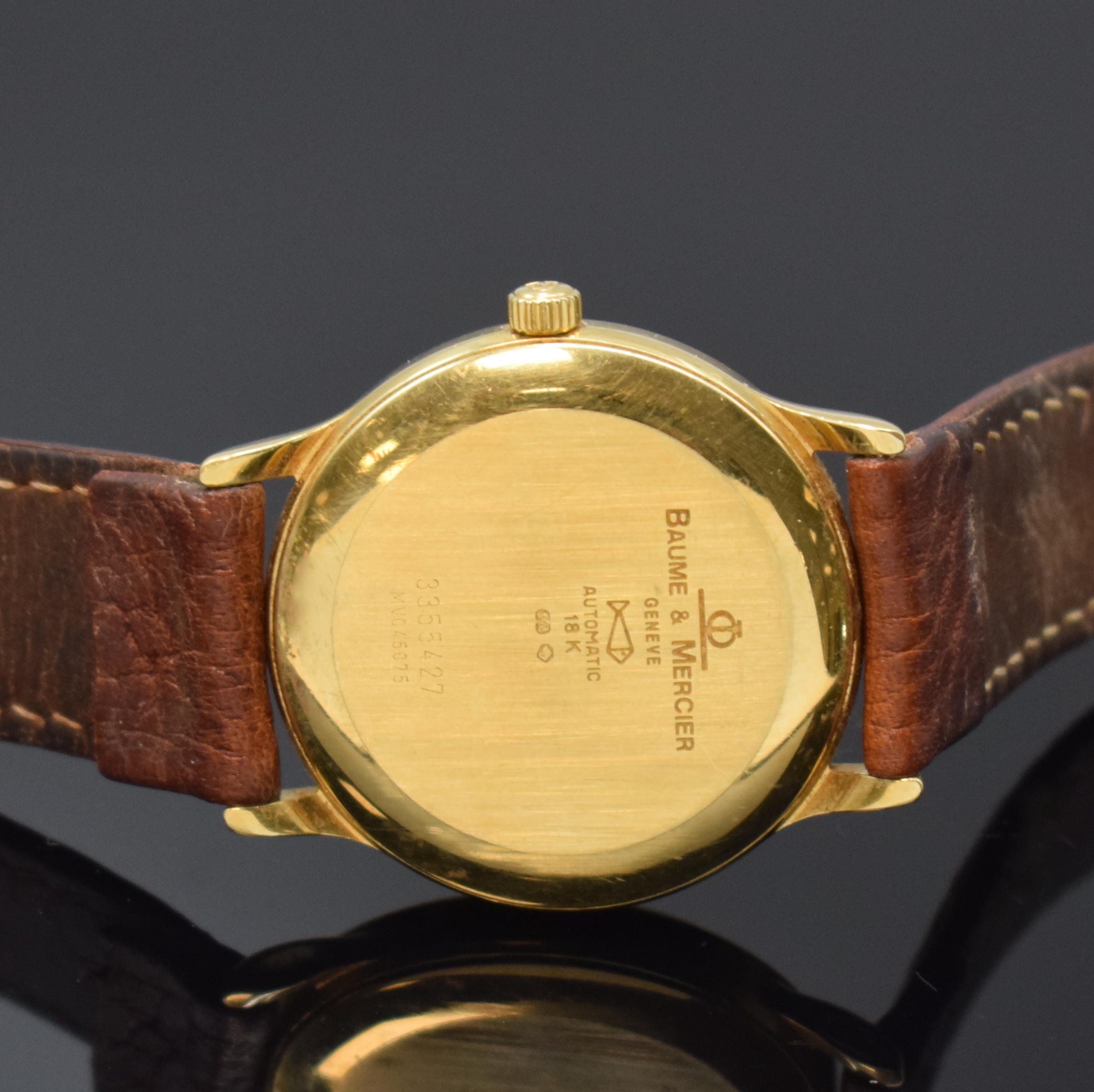 Detail d: BAUME & MERCIER Armbanduhr Serie Classima in GG 750/000 Referenz MV045075, Schweiz um 2000, Automatik, Boden aufgedr., Lederband m. verg. orig. ...