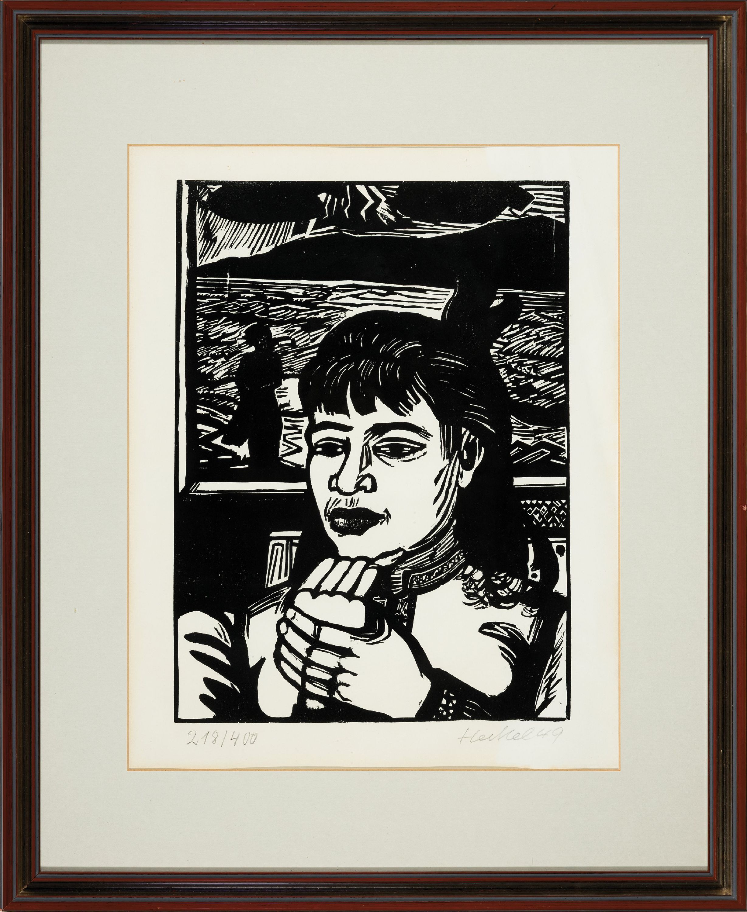 Detail k: Erich Heckel, 1883-1970, Junge Frau, Holzschnitt von 1949, handsign. und dat., num. 218/400, ca. 40x29cm, PP, u.Gl., R. ca. 67x55cm