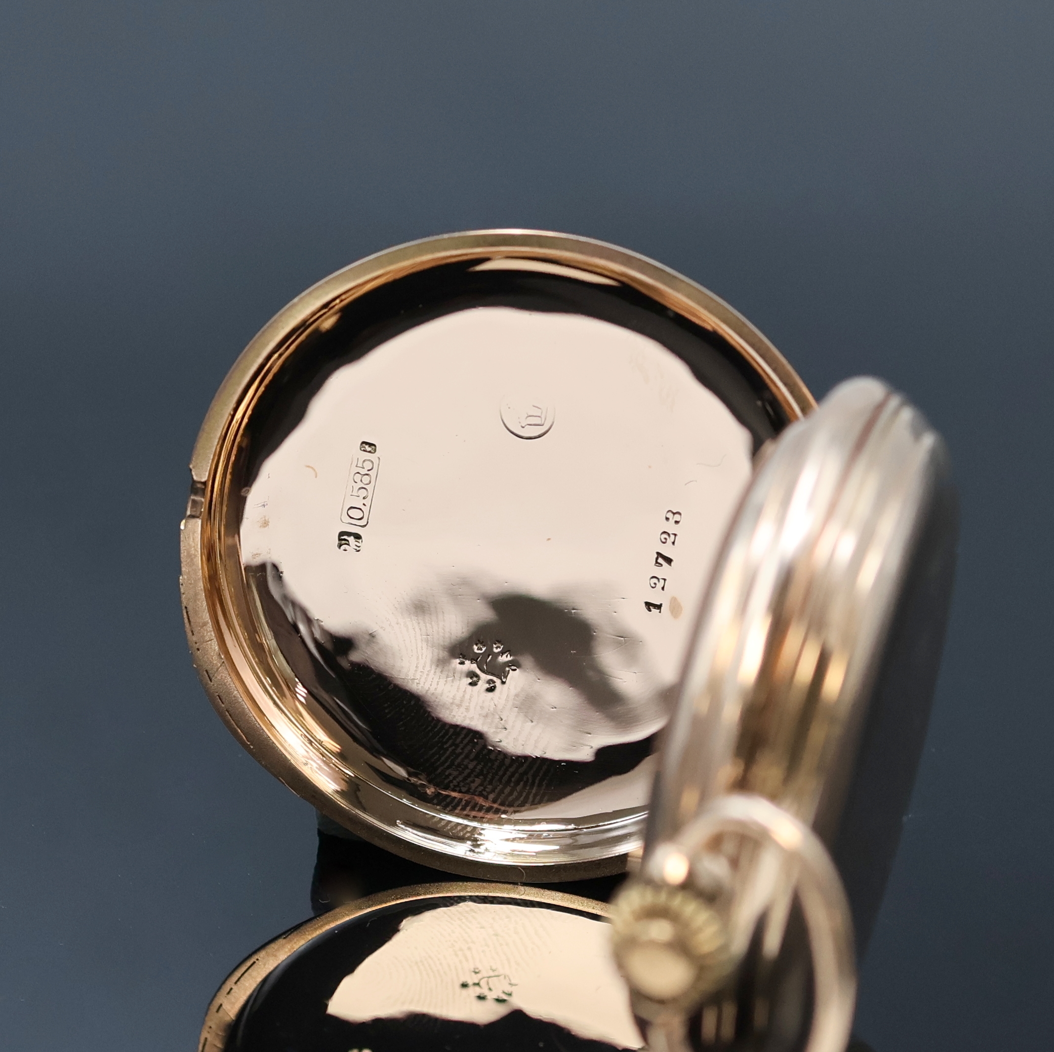 Detail c: UHRENFABRIK UNION Glashütte / UNION GLOCKE Herrensavonette in RG 585/000, Deutschland um 1900, glattes Lucia 3-Deckel Goldgeh., Monogramm-Grav. auf ...
