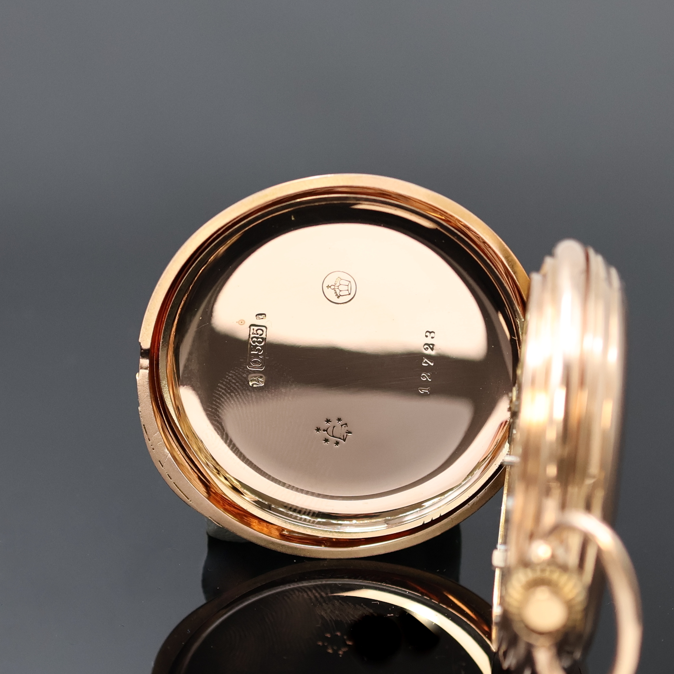 Detail e: UHRENFABRIK UNION Glashütte / UNION GLOCKE Herrensavonette in RG 585/000, Deutschland um 1900, glattes Lucia 3-Deckel Goldgeh., Monogramm-Grav. auf ...