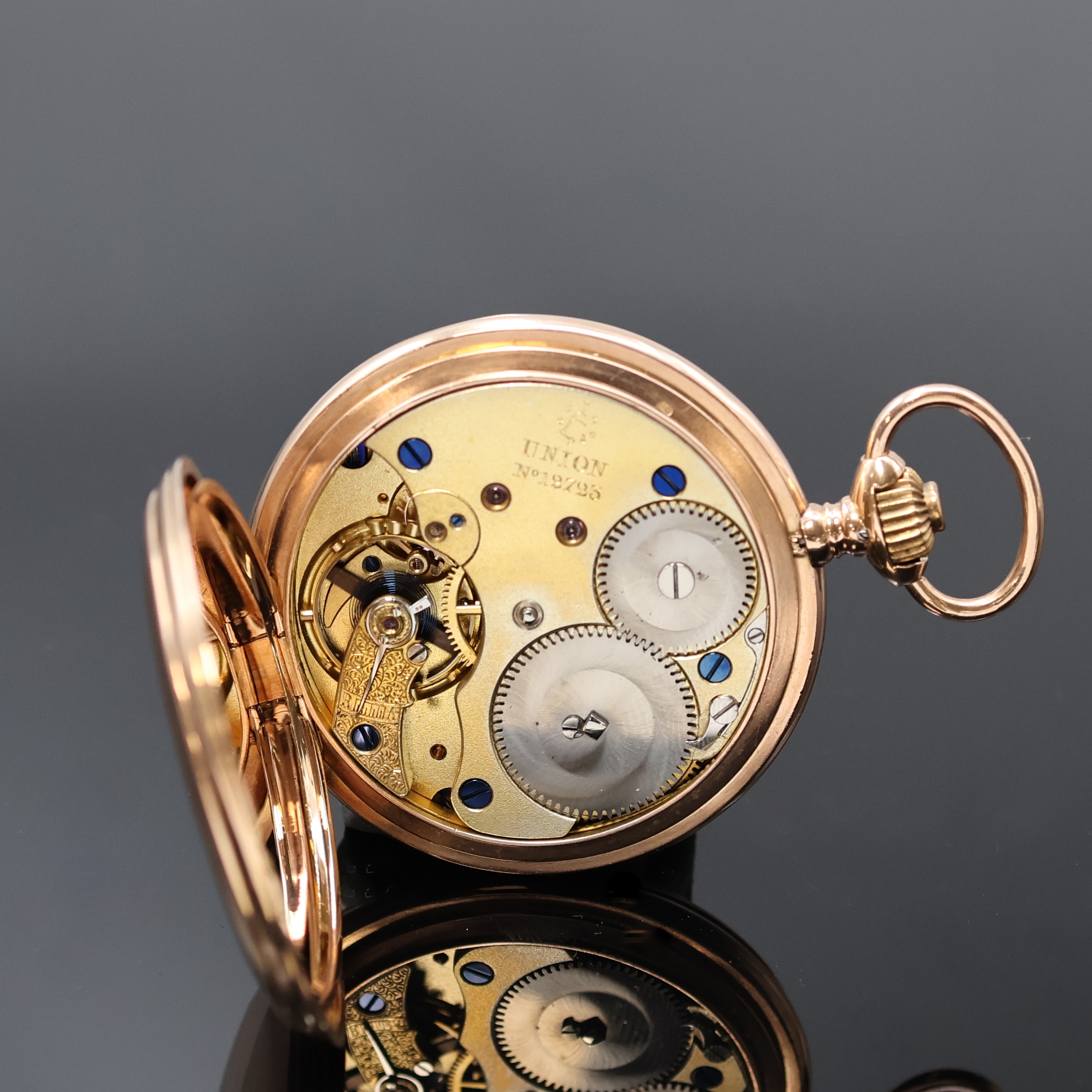 Detail f: UHRENFABRIK UNION Glashütte / UNION GLOCKE Herrensavonette in RG 585/000, Deutschland um 1900, glattes Lucia 3-Deckel Goldgeh., Monogramm-Grav. auf ...