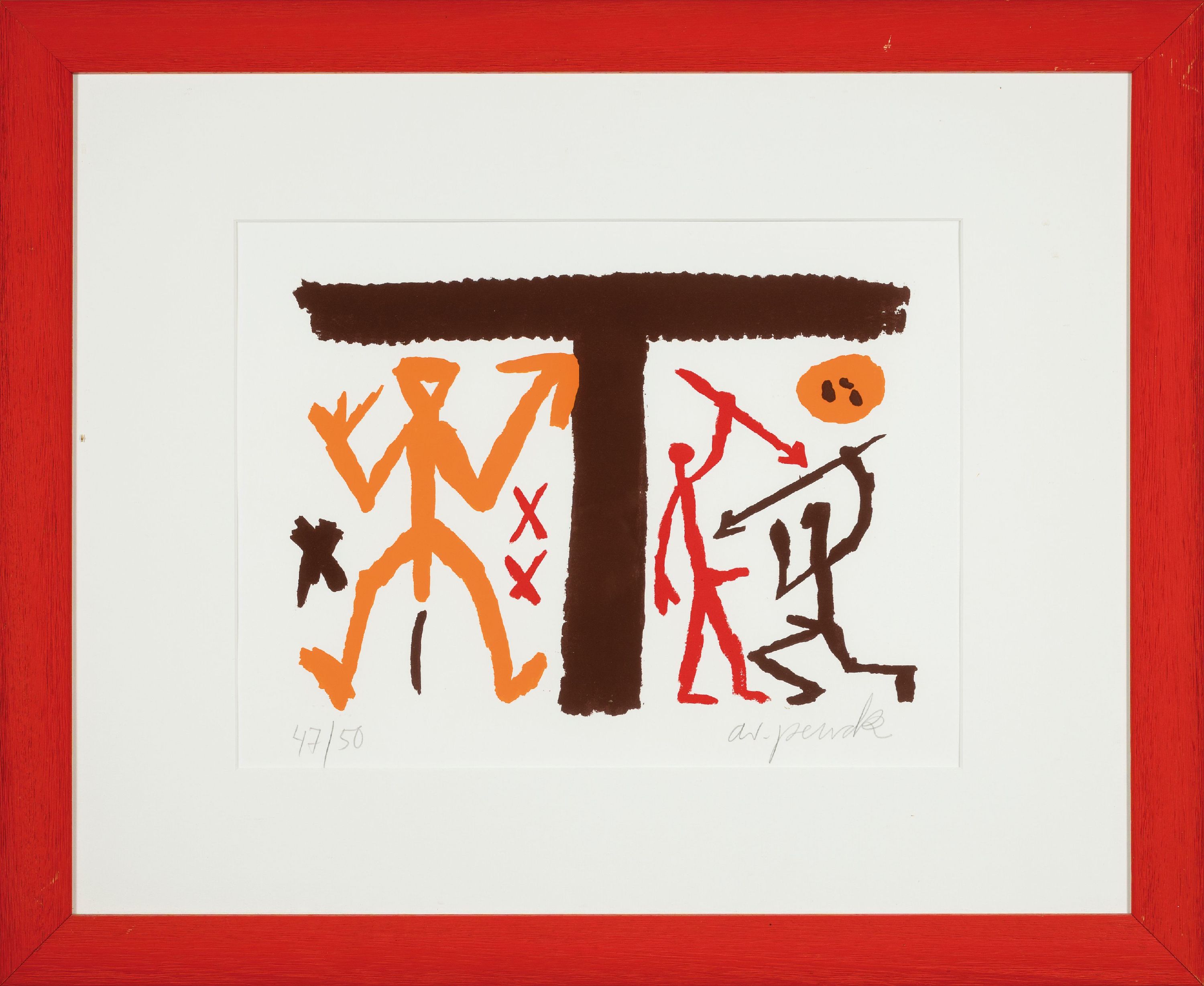 Detail k: A.R. Penck, 1939-2017, Farblithographie, handsigniert und num. 47/50, ca. 21x29cm, PP, u.Gl., R. ca. 35x55cm