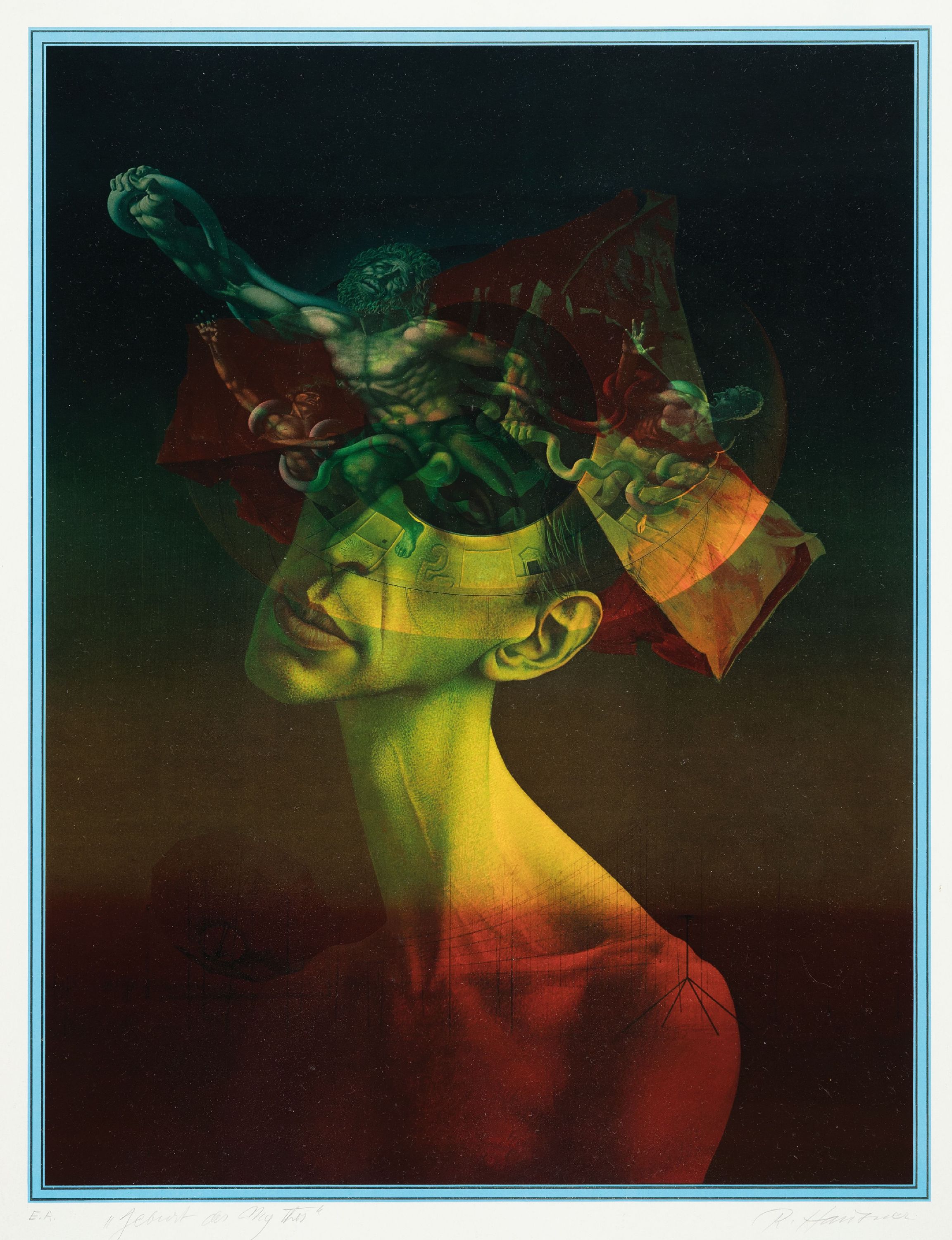 Rudolf Hausner, 1914-1995, De Geburt des Mythos, Farblithographie, handsign. und bez.: e.a., ca. 9x38cm, u.Gl., R. ca. 75x55cm