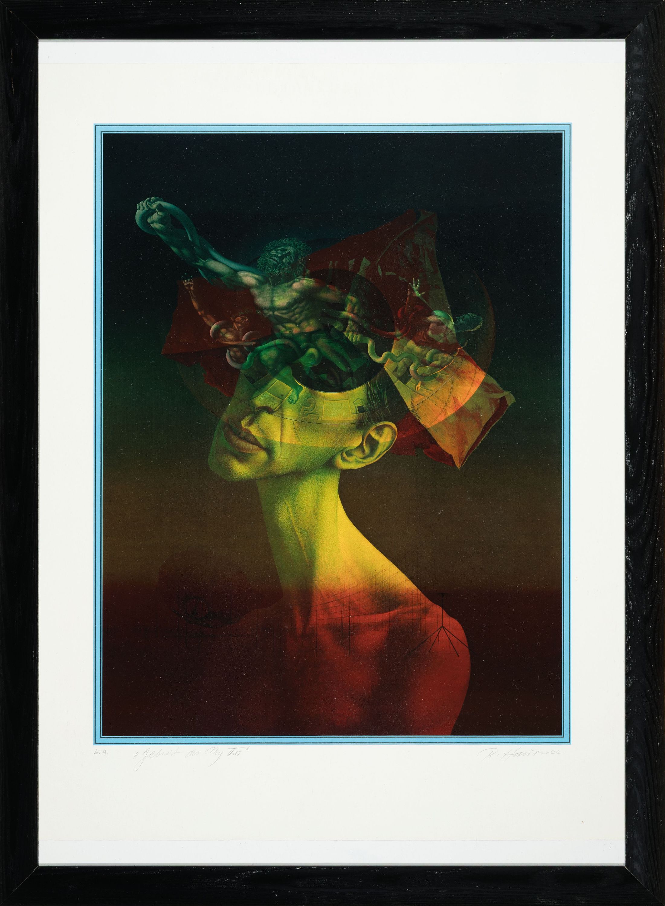 Detail k: Rudolf Hausner, 1914-1995, De Geburt des Mythos, Farblithographie, handsign. und bez.: e.a., ca. 9x38cm, u.Gl., R. ca. 75x55cm