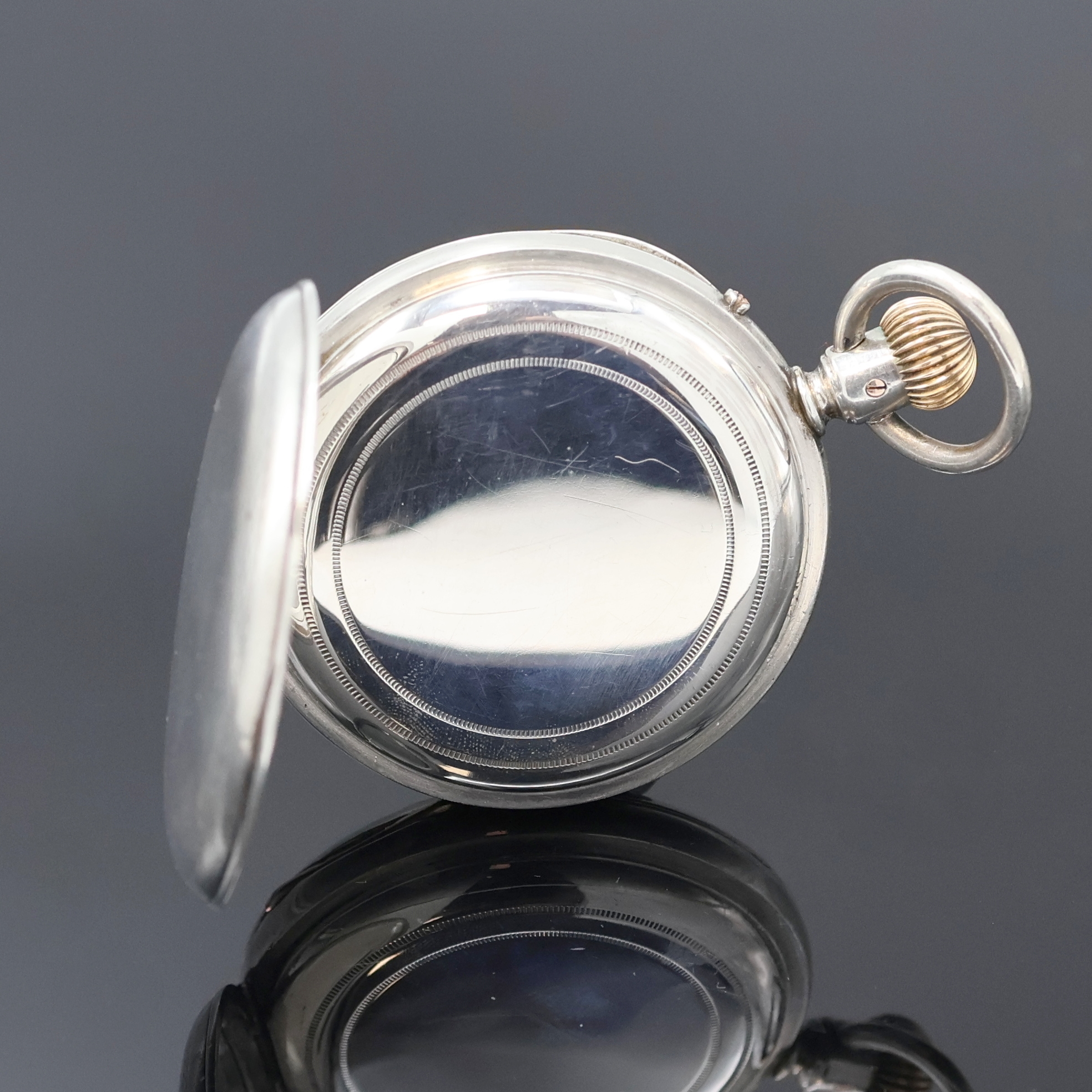 Detail b: J. ASSMANN Glashütte offene Silbertaschenuhr, Deutschland um 1910, Geh. dell., guill. Rückdeckel, Emailzifferbl. l. riss., röm. Zahlen, gebl. ...