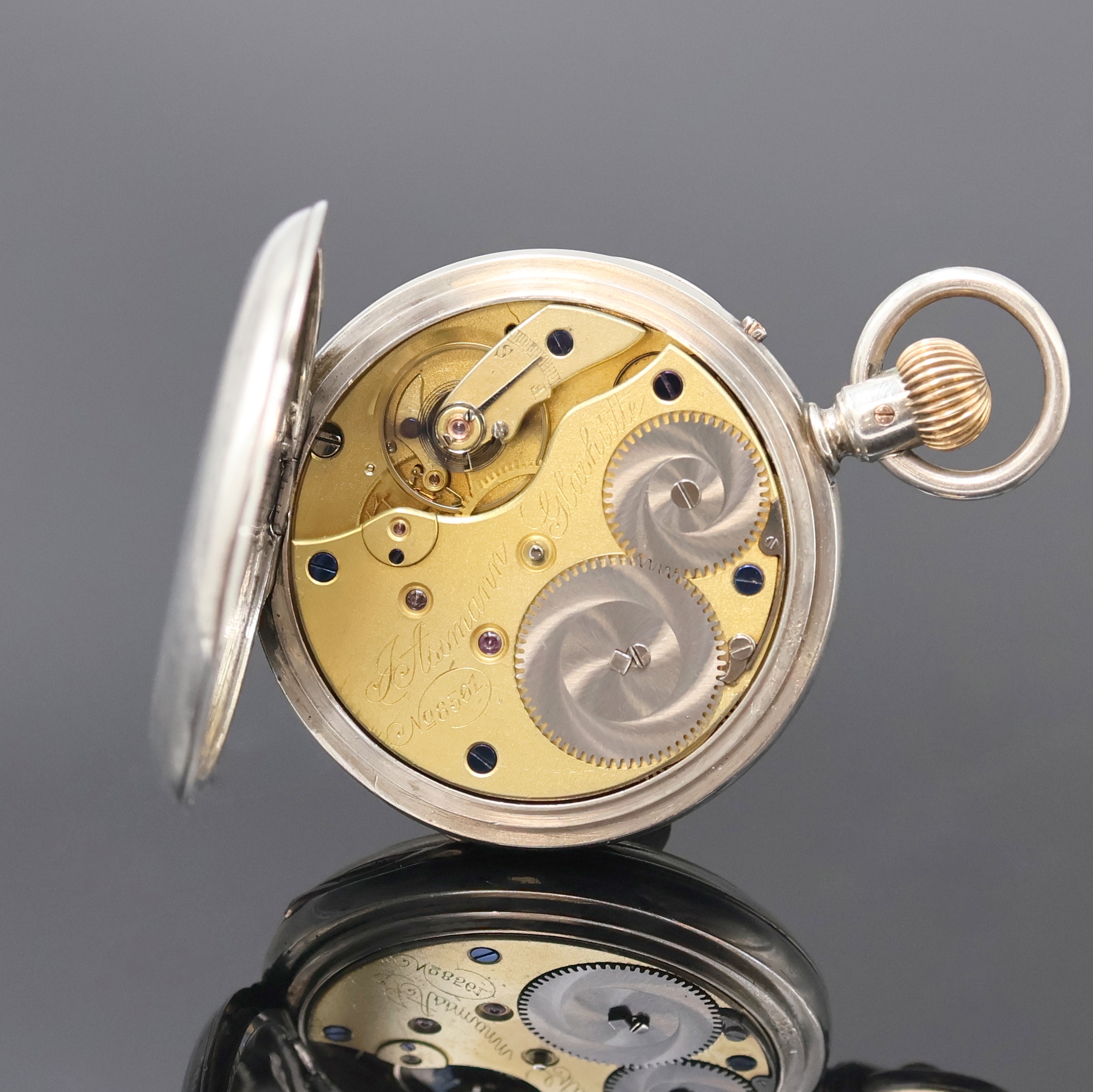 Detail d: J. ASSMANN Glashütte offene Silbertaschenuhr, Deutschland um 1910, Geh. dell., guill. Rückdeckel, Emailzifferbl. l. riss., röm. Zahlen, gebl. ...