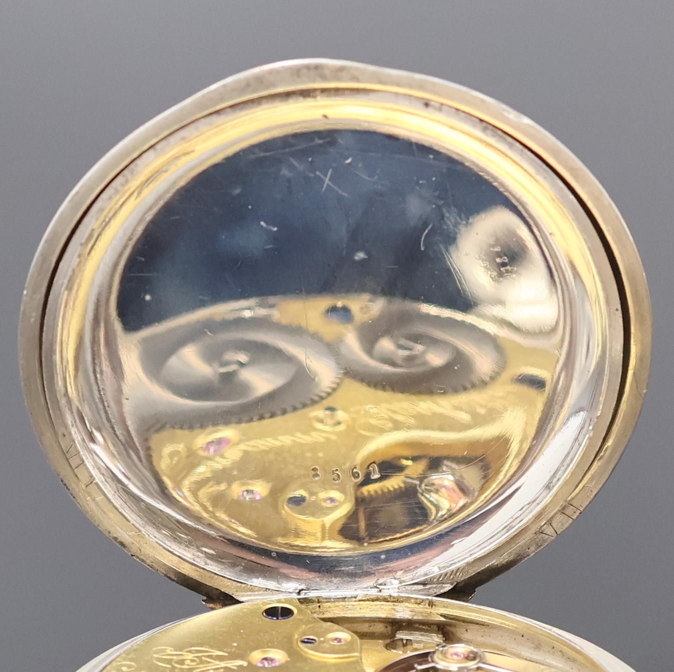 Detail e: J. ASSMANN Glashütte offene Silbertaschenuhr, Deutschland um 1910, Geh. dell., guill. Rückdeckel, Emailzifferbl. l. riss., röm. Zahlen, gebl. ...