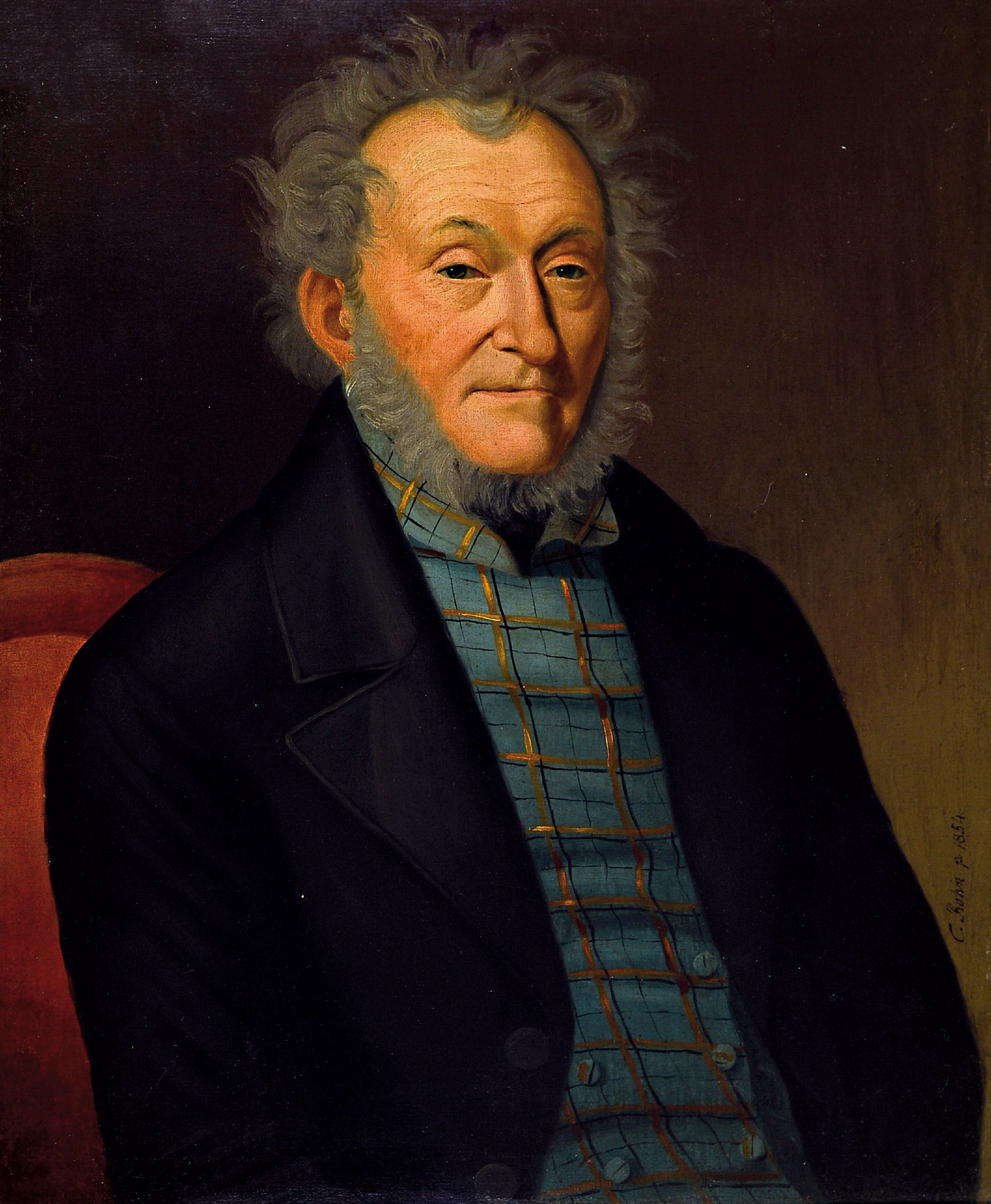 C. Rohn, datiert 1854, Porträt eines älteren Herren mit Backenbart und karierter Weste, rechts signiert und datiert, Öl/Lwd, 70x57 cm, verso ...