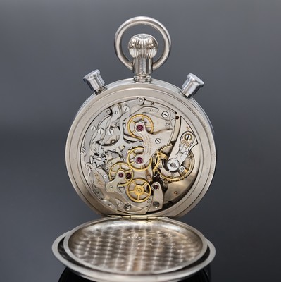 26918864e - LONGINES große 1/10-Sekunden-Stoppuhr mit Rattrapante in Stahl, Schweiz um 1947, ...