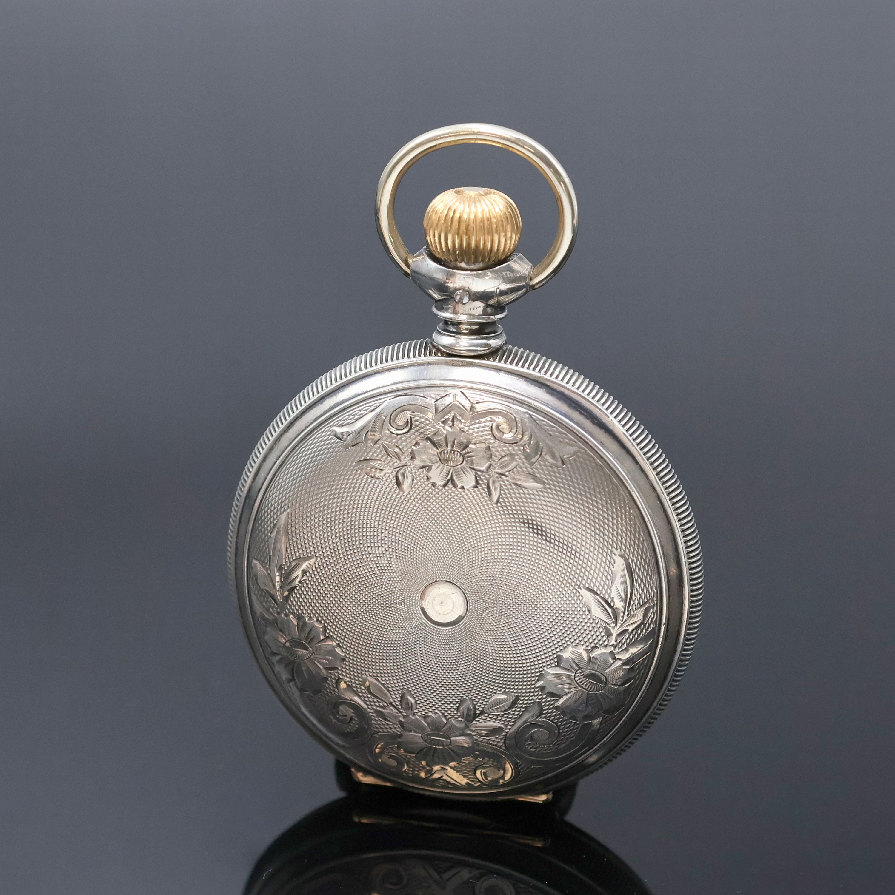 Detail c: STEWART SPECIAL schwere amerikanische Herren- Savonette in Sterlingsilber, USA um 1890, guill., floral grav. Geh. m. Goldscharnieren, 3-tlg. ...