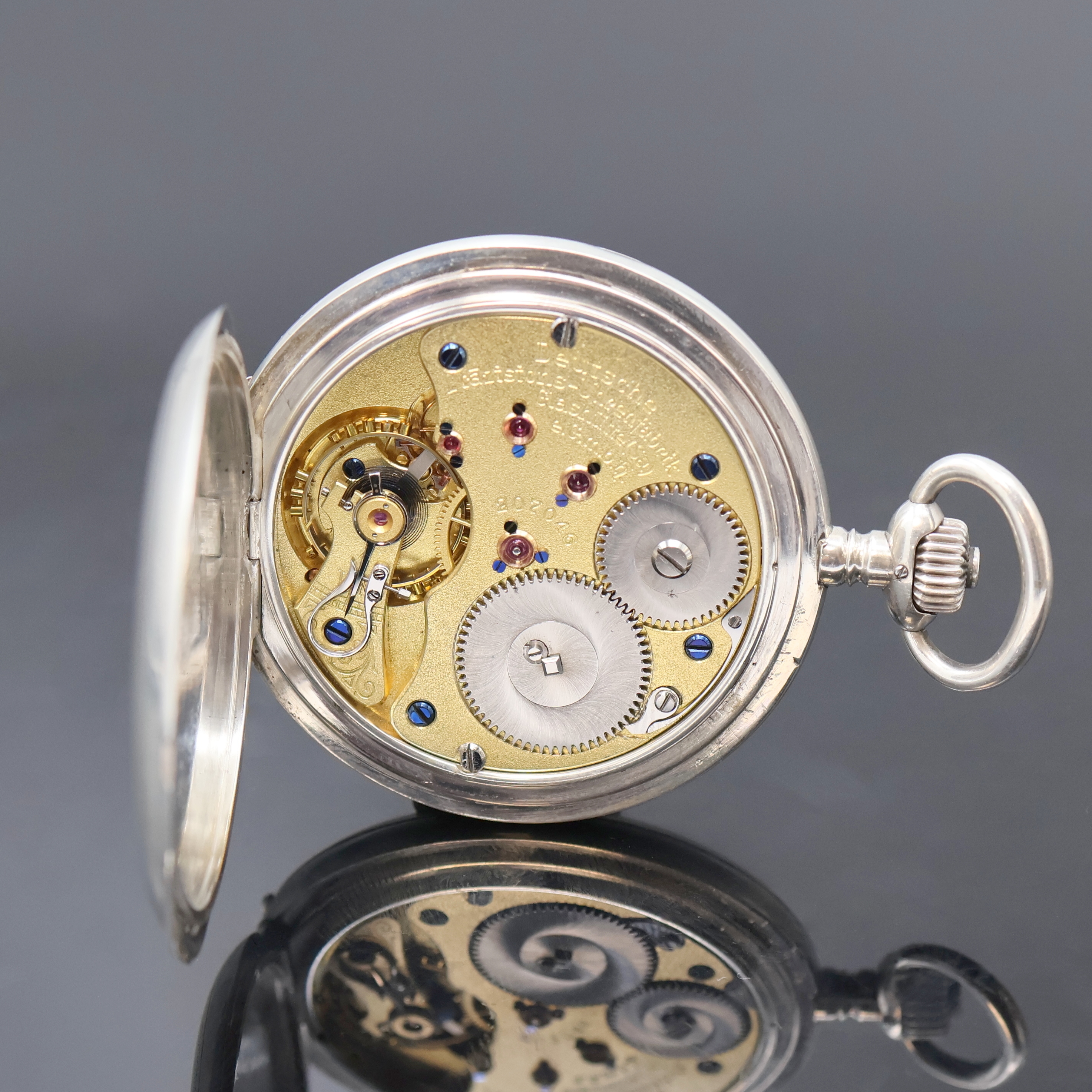Detail e: DEUTSCHE PRÄZISIONSUHR ORIGINAL GLASHÜTTE Herrensavonette in Silber, Deutschland um 1920, Geh. dell., guill. Sprung- u. Rückdeckel, Emailzifferbl. ...